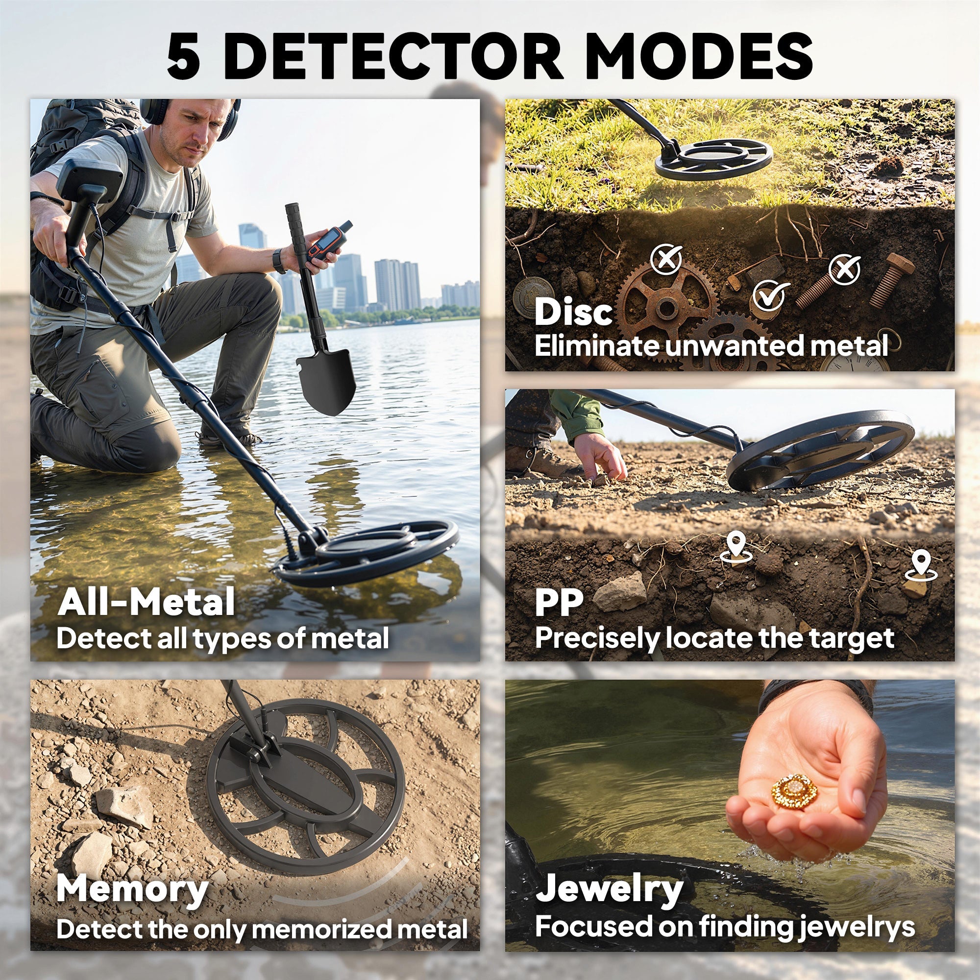 Outsunny Metal Detector for Adults, IP68 Waterproof Search Coil with LCD Display, 5 Modes Gold Detector with Carry Bag, Shovel