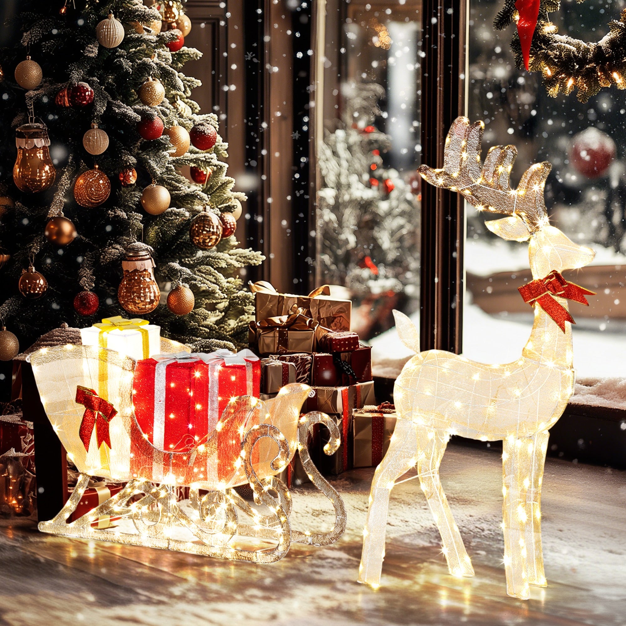 Outsunny Lighted Christmas Reindeer in Sleigh with Gift Boxes