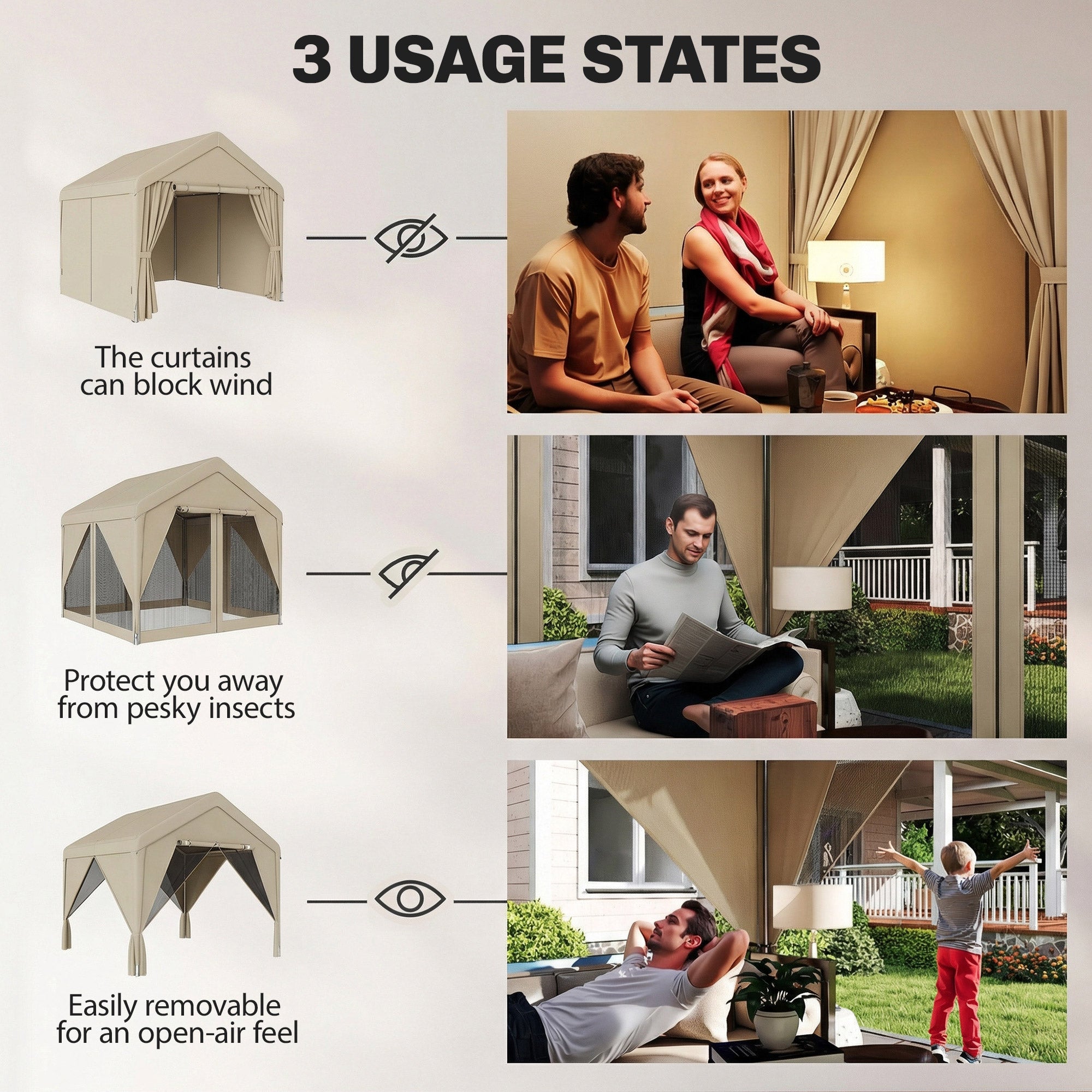 Outsunny 3 x 3 m Patio Gazebo with Netting & Curtains, Outdoor Canopy Shelter with Galvanised Steel Frame, Khaki