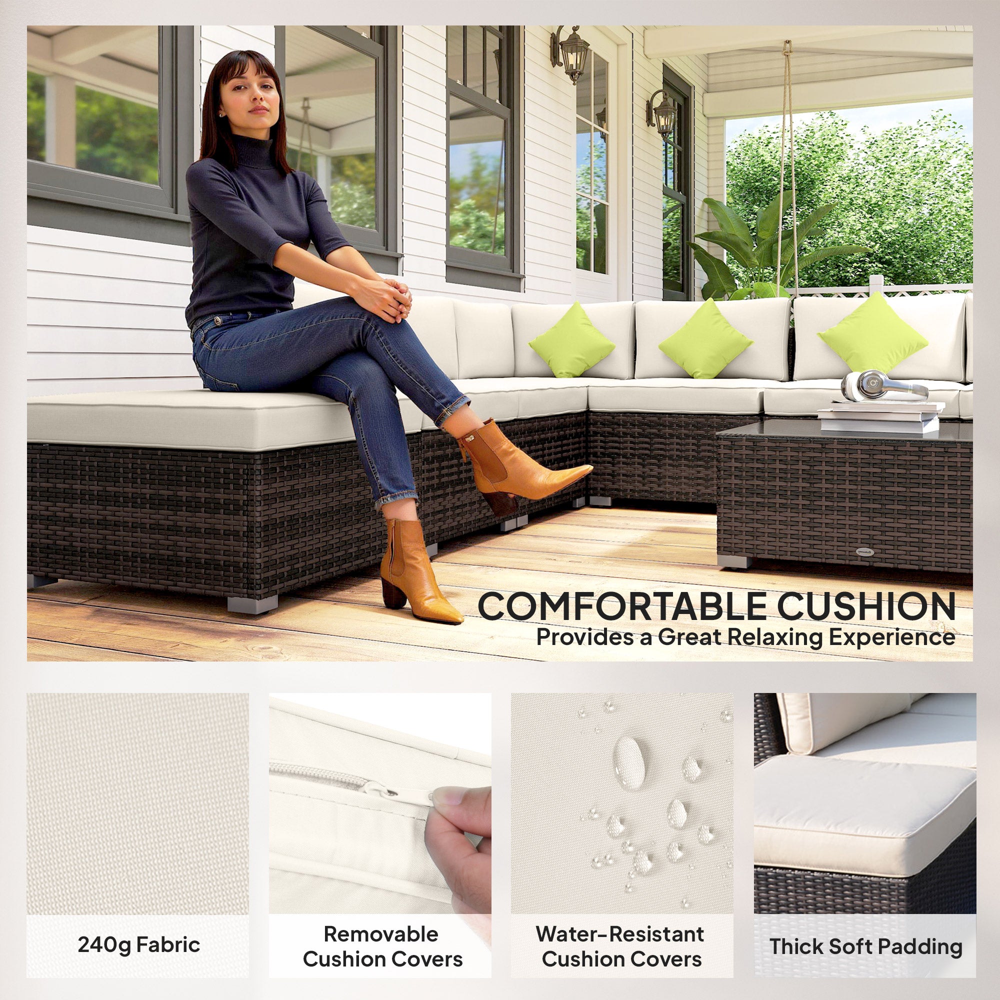 Outsunny 8 Piece Rattan Corner Sofa Set with Wide & Deep Seat, Assembled Aluminium PE Rattan Garden Furniture Set with Thick Cushions and Glass Top Table for Outdoor, Conservatory, Mixed Brown