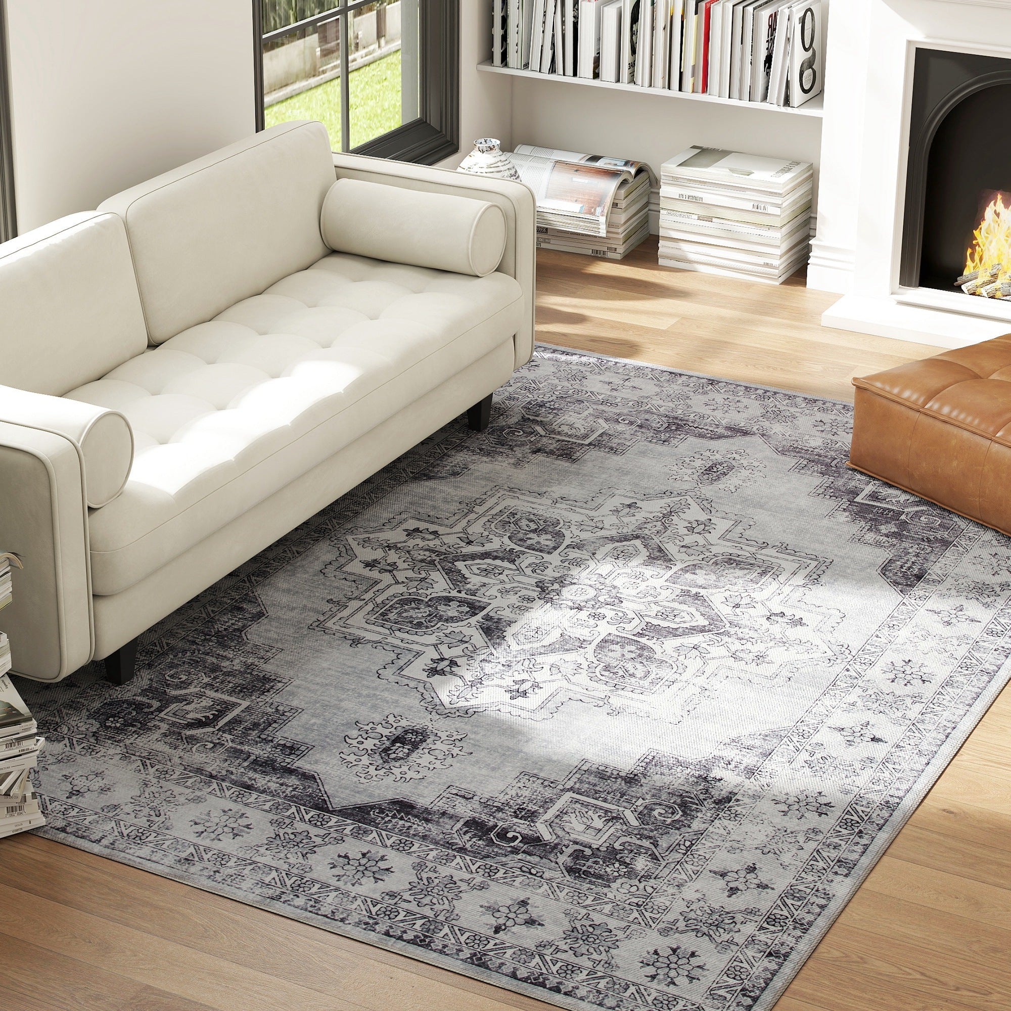 HOMCOM Vintage Area Rug, Non-Slip Washable Rug, Flannel Floor Carpet for Living Room, Bedroom, Dining Room, Home Office, 290 x 200 cm, Grey
