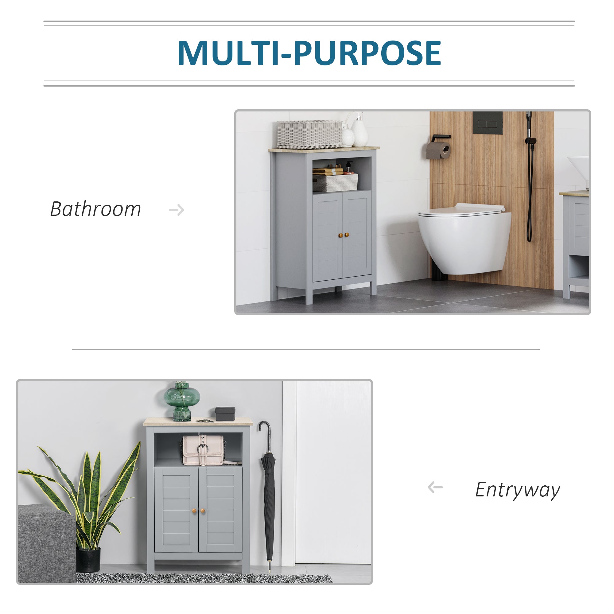 kleankin Bathroom Floor Cabinet, Free Standing Cupboard with Double Doors and Adjustable Shelf for Kitchen, Hallway, Living Room, Grey