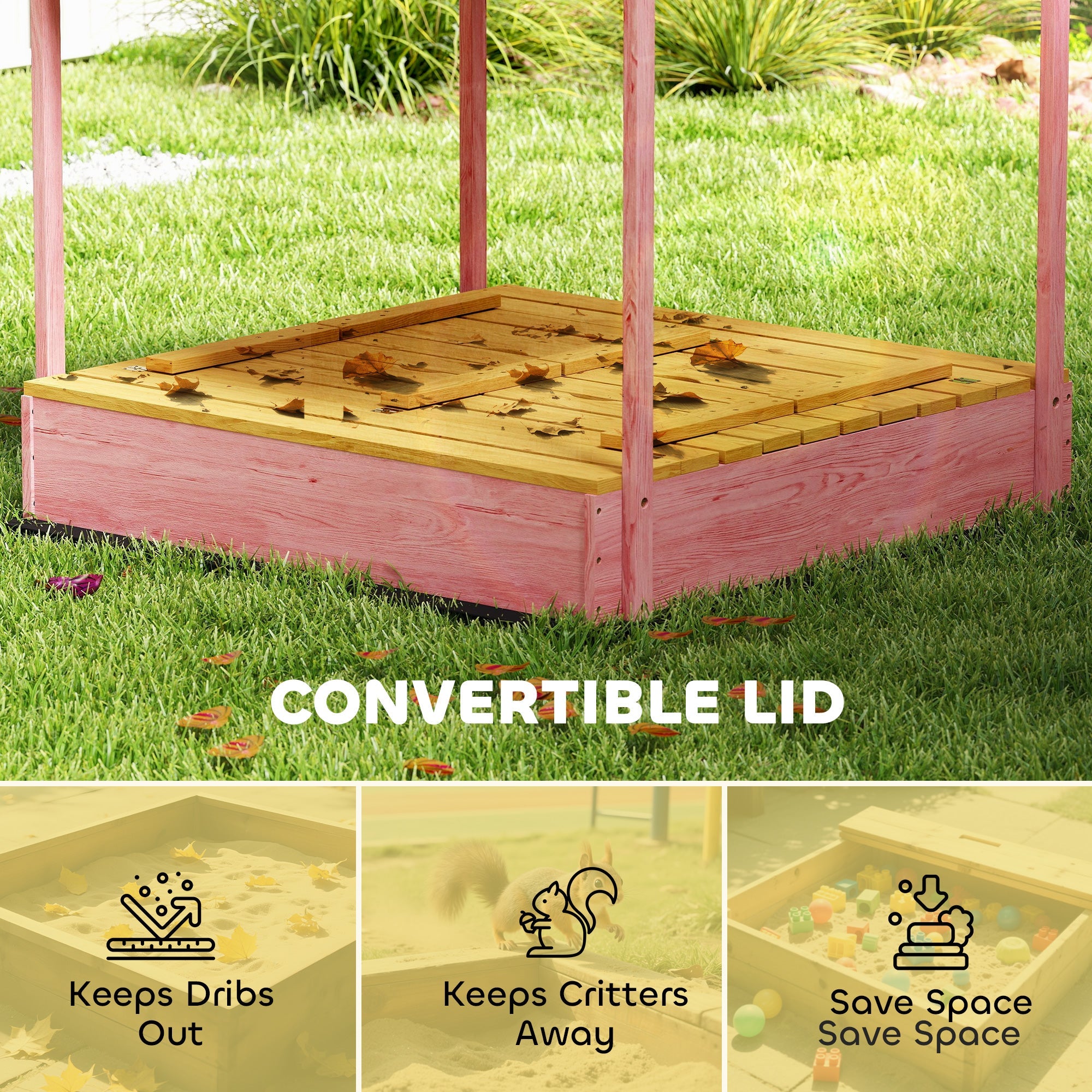 AIYAPLAY Wooden Sandbox with Lid, Flamingos Print Canopy, Kids Outdoor Sand Pit with Foldable Bench Seats, Bottom Liner, Pink