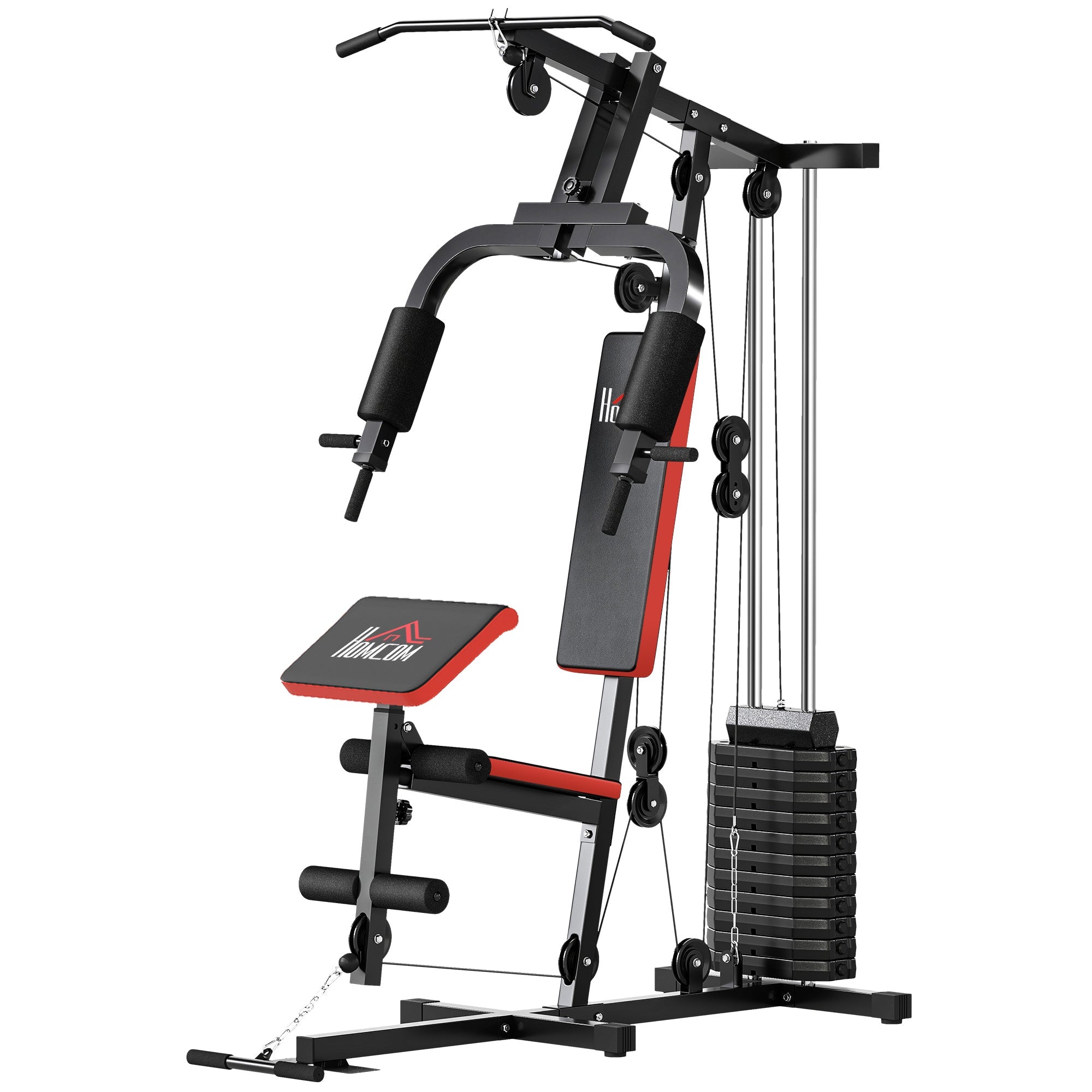 HOMCOM Multigym Station, with 66KG Weight Stack, for Strength Training - Red & Black
