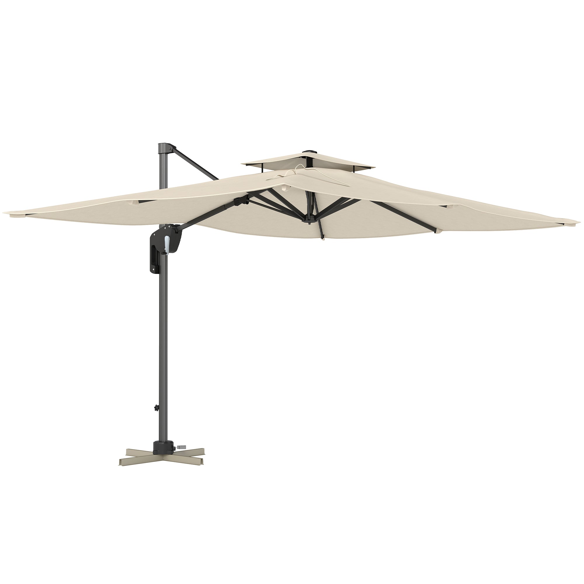 Outsunny 3.7 x 2.7 m Cantilever Parasol w/ 360√Ç¬∞ Rotation and Easy Tilt Adjustment, Aluminium Hanging Offset Outdoor Umbrella w/ Double Top, Cross Base, UPF50+ Hanging Sun Shade, Black Pole