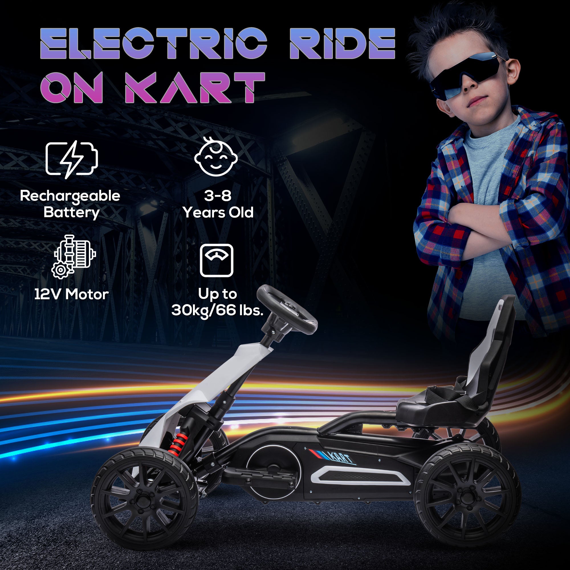 HOMCOM 12V Electric Go-Kart for Kids, Ride-On Racing Go-Kart, with Forward and Reversing Functions, for Ages 3-8 Years - White