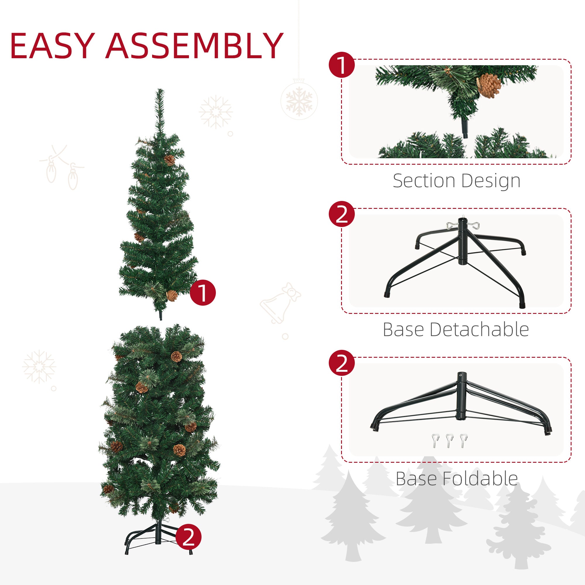 HOMCOM 5.5FT Tall√Ç Pencil Slim Artificial Christmas Tree with√Ç Realistic√Ç Branches, Tip Count and Pine Cones, Pine Needles Tree, Xmas√Ç Decoration, Green