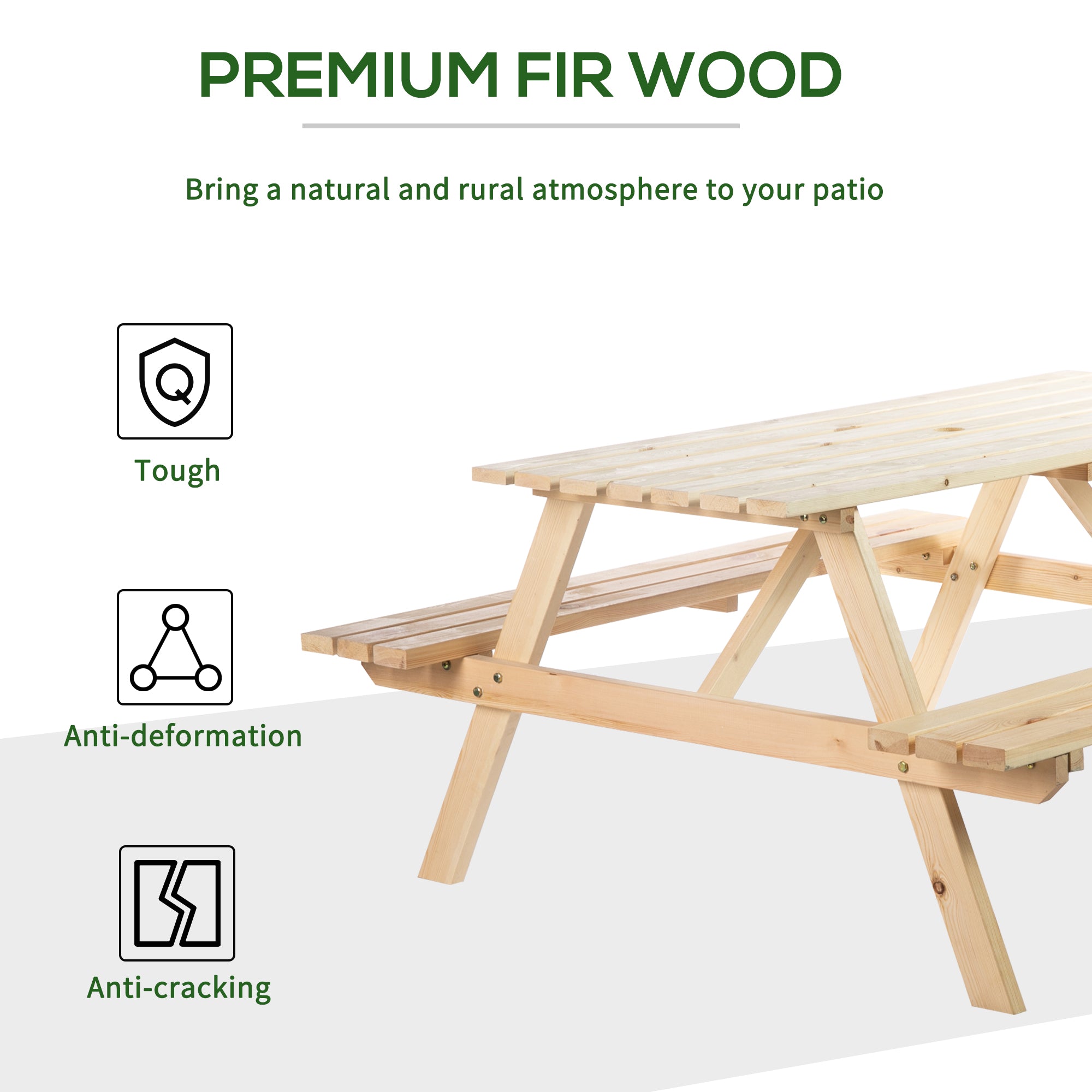 Outsunny 6 Seater Wooden Picnic Table Bench for Outdoor Garden or Patio with Parasol Cutout 150 cm Natural Wood Finish