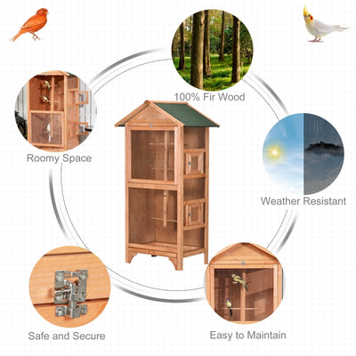 PawHut Wooden Outdoor Bird Cage, for Finches and Canaries, with Removable Tray, Asphalt Roof