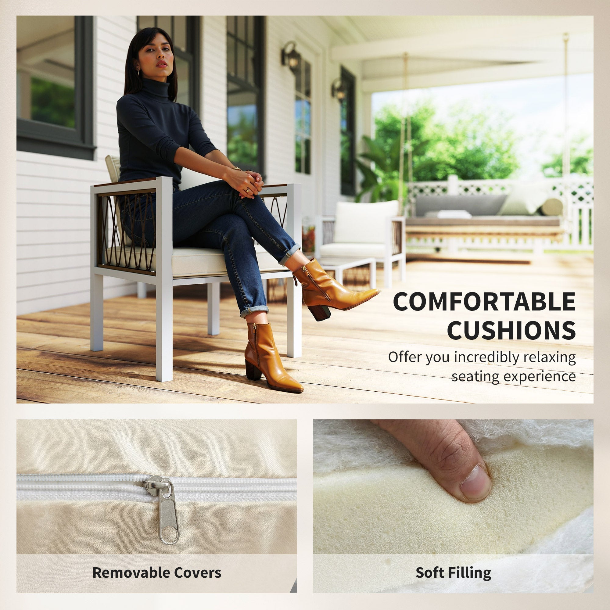 Outsunny 4 Piece Rattan Garden Furniture Set with Loveseat, 2 Armchairs, Table, Metal Frame Patio Conversation Set, Cream White