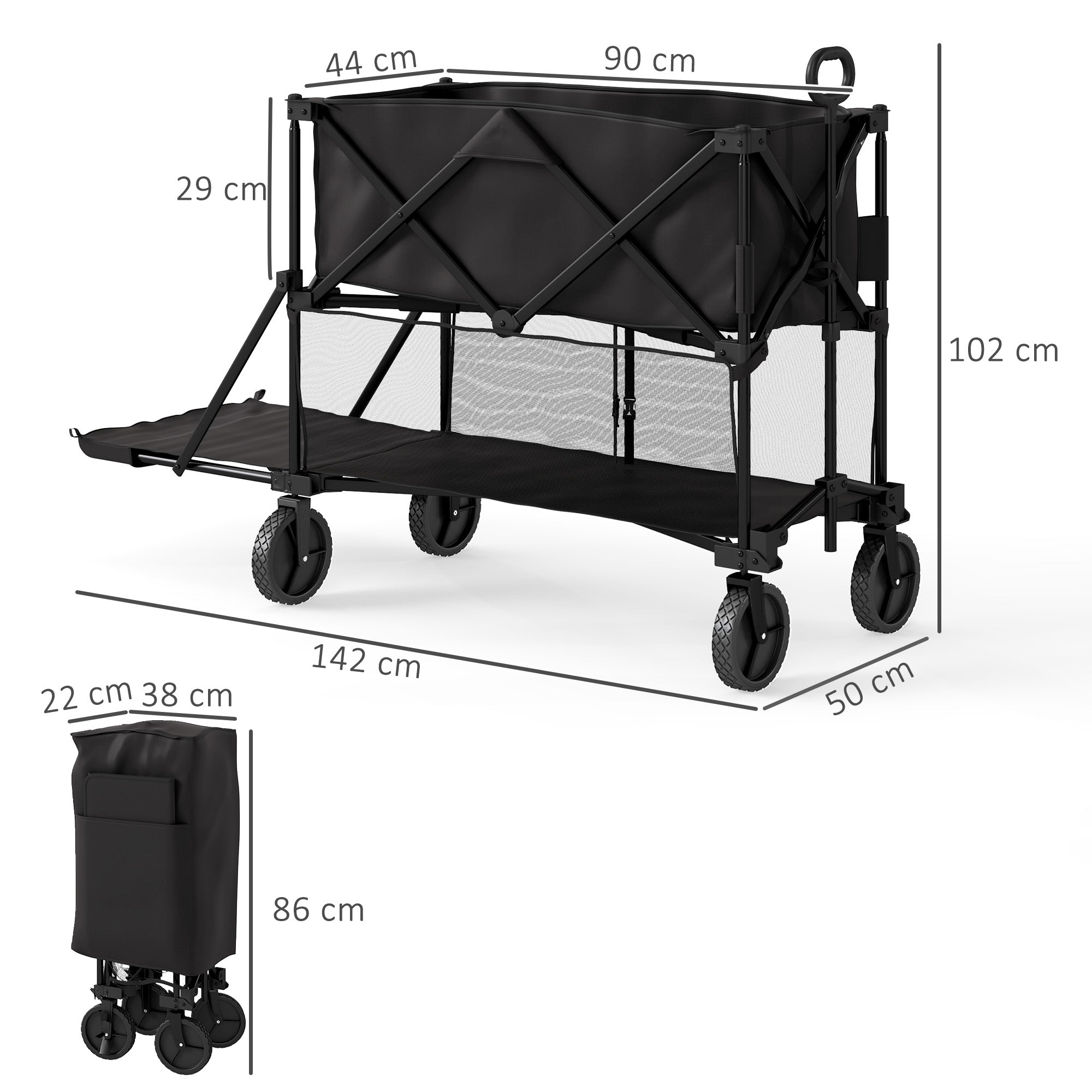 Outsunny Double Decker Folding Festival Trolley on Wheels, 200KG & 350L Capacity Collapsible Wagon Festival Trolley Cart with 134cm Extended for Camping Sports Shopping Garden and Beach, Black