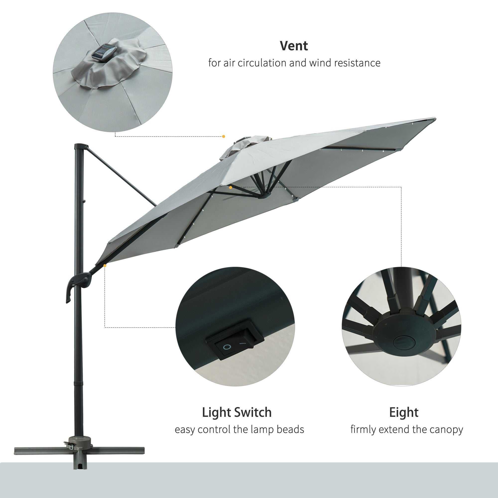 Outsunny 3(m) LED Cantilever Parasol Garden Sun Umbrella w/ Cross Base and Solar Lights Grey