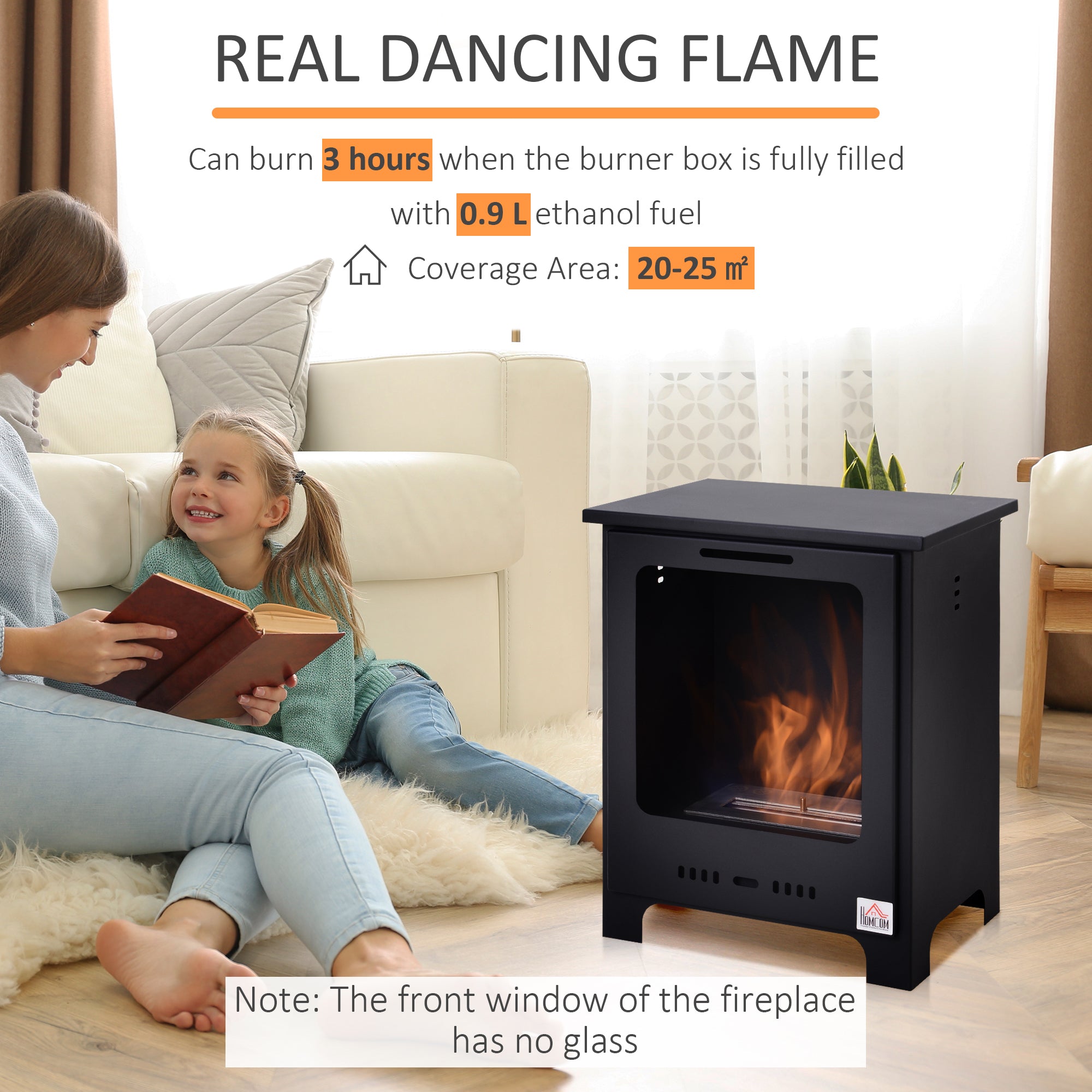 HOMCOM Freestanding Ethanol Fireplace, Bioethanol Fire with 0.9L Tank, 3 Hours Burning Time for Indoor, Black