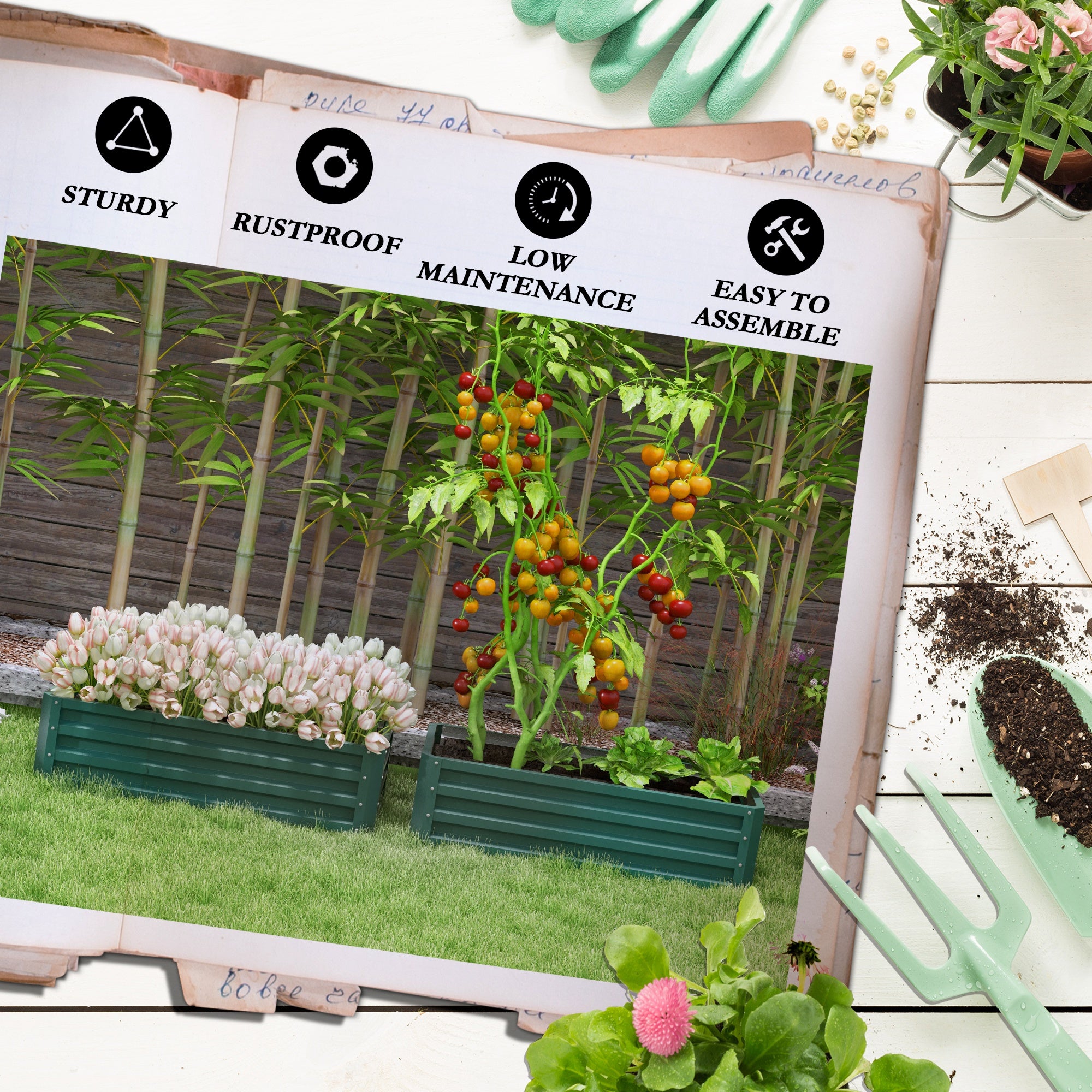 Outsunny Set of Two 110 x 65cm Steel Planter Boxes - Green