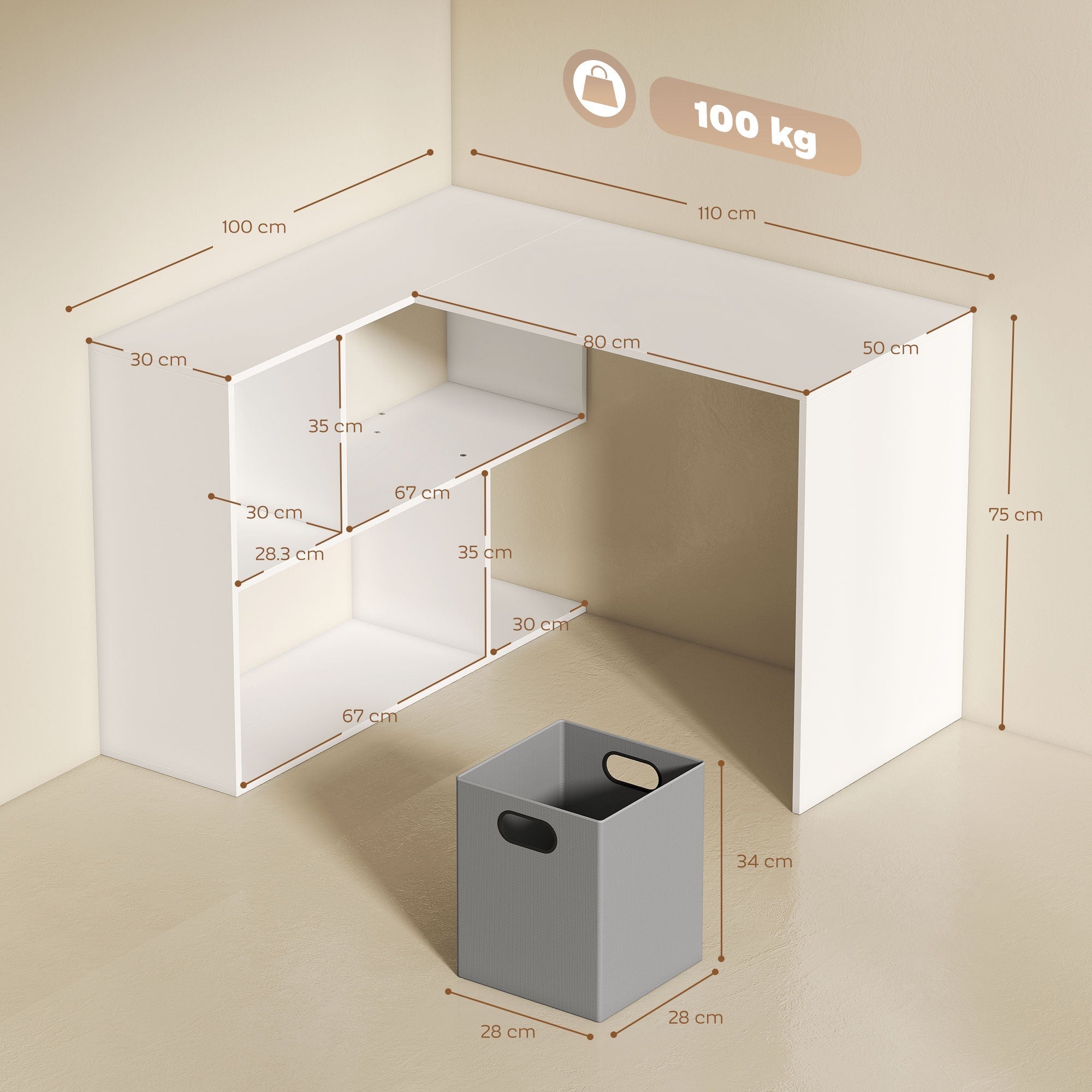 HOMCOM Corner Desk, Computer Desk with Fabric Drawer and Open Compartments, 110 x 100 x 75 cm, White