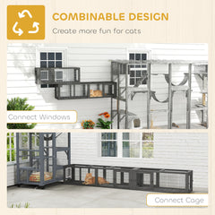 PawHut Cat Tunnel, 250cm Extra Long Wooden Cat Play Tunnel with 8 Doors, L-shape/Rectangle, Outdoor Cat Enclosure, Dark Grey