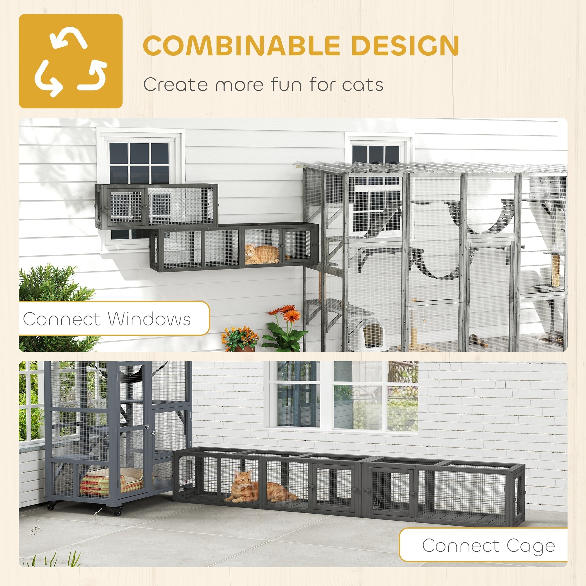 PawHut Cat Tunnel, 250cm Extra Long Wooden Cat Play Tunnel with 8 Doors, L-shape/Rectangle, Outdoor Cat Enclosure, Dark Grey
