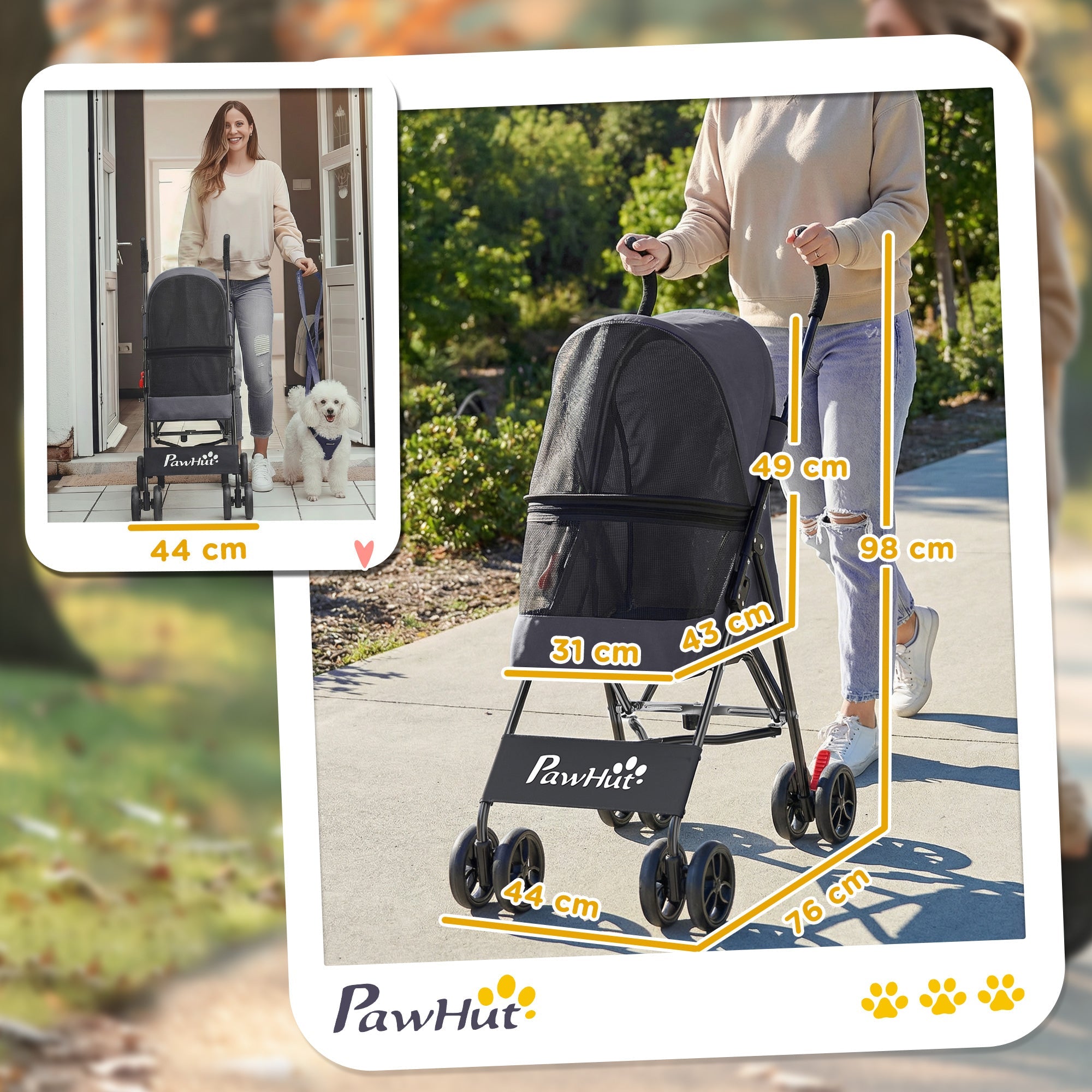 PawHut Dog Stroller, Foldable Cat Dog Pram for Miniature Breeds, Pet Stroller with Brake, Mesh Windows, Dark Grey
