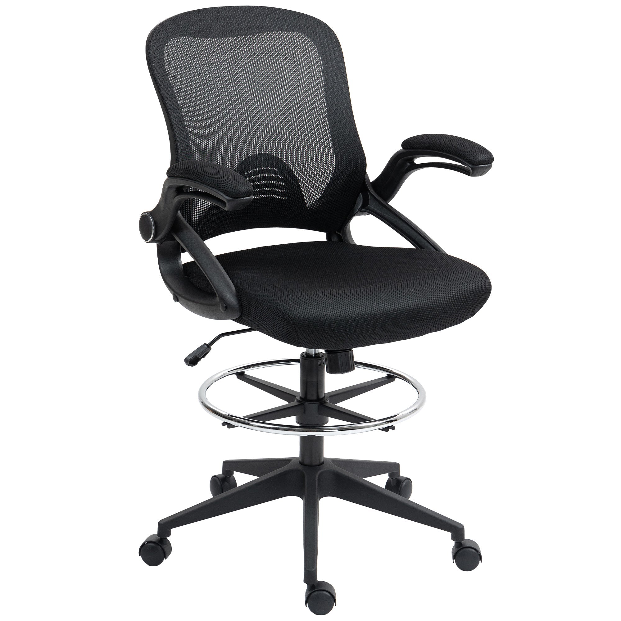 Vinsetto Drafting Chair with Flip-up Armrest, Mesh Office Stool with Foot Ring, 360 Degree Swivel Height Adjustable Chair for Standing Desk, Black