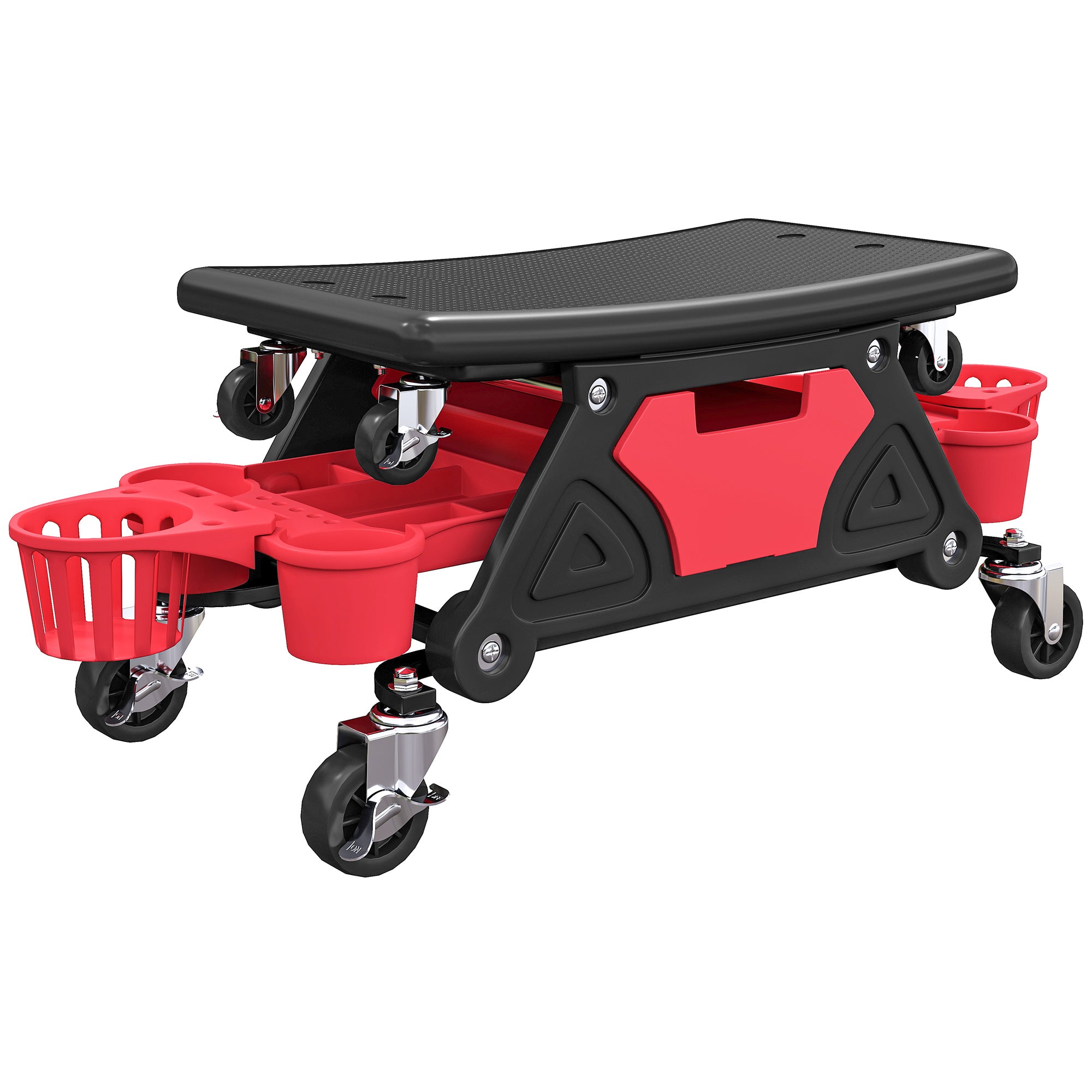HOMCOM Rolling Mechanic Stool, 135kg Capacity Workshop Stool with 360√Ç¬∞ Swivel Wheels, Roller Creeper Seat with Slide Out Tool Trays, Drawer, Bottle Holders for Garage, Shop, Auto Repair, Red