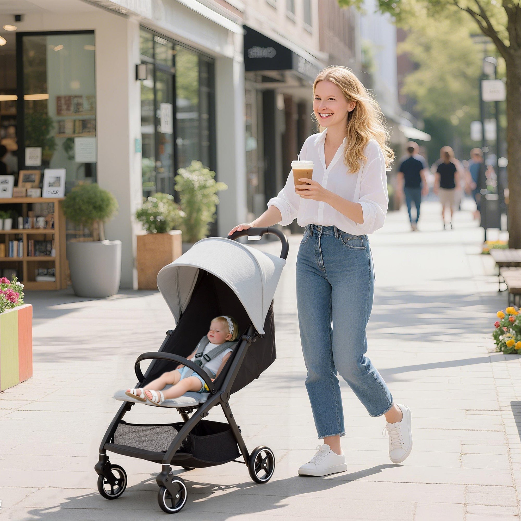 AIYAPLAY Travel Stroller, Lightweight Pushchair, Compact Buggy with Canopy, Basket and Multi-Position Recline, Light Grey
