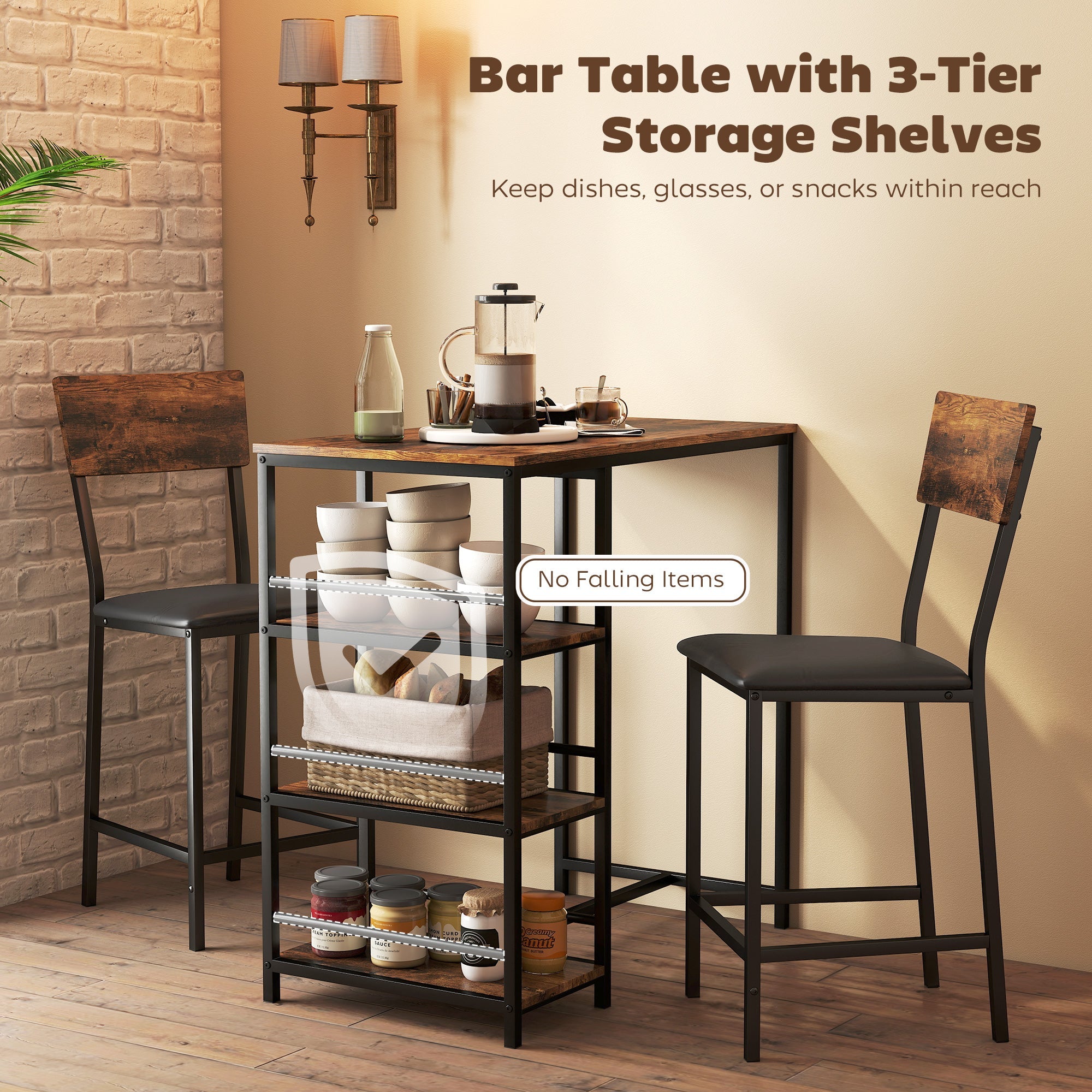 HOMCOM Three-Piece Compact Bar Table Set - Brown/Black