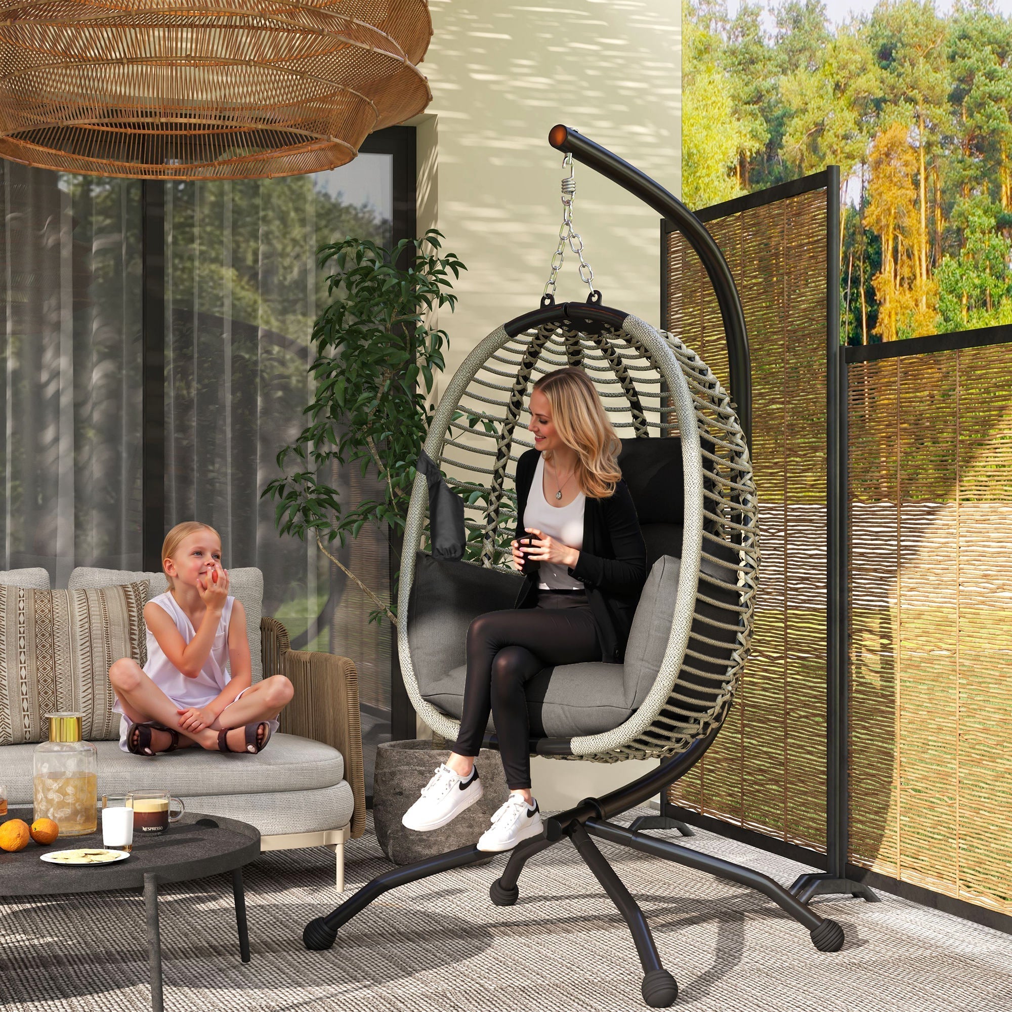 Outsunny Outdoor Swing Chair with Thick Padded Cushion, Patio Hanging Egg Chair with Metal Stand, Foldable Basket, Cup Holder, Rope Structure for Indoor & Outdoor, Dark Grey