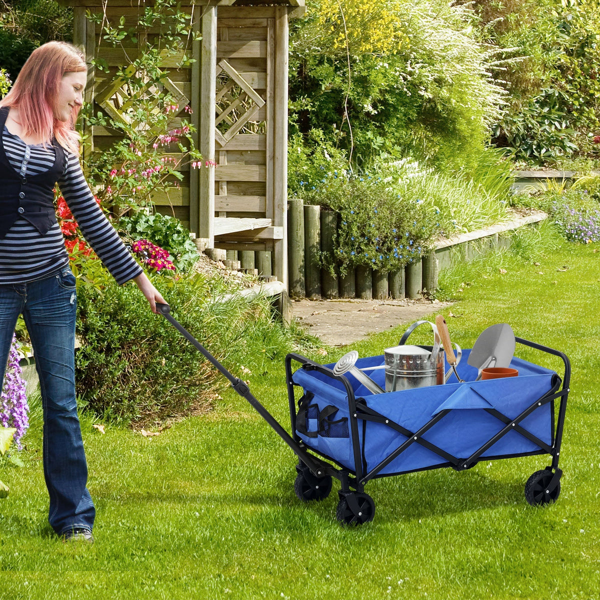 Outsunny 62L Festival Trolley on Wheels, Garden Folding Trolley Cart, 120kg Heavy Duty Collapsible Folding Wagon with Adjustable Handle and Carrying Bag for Beach, Camping, Festival, Blue