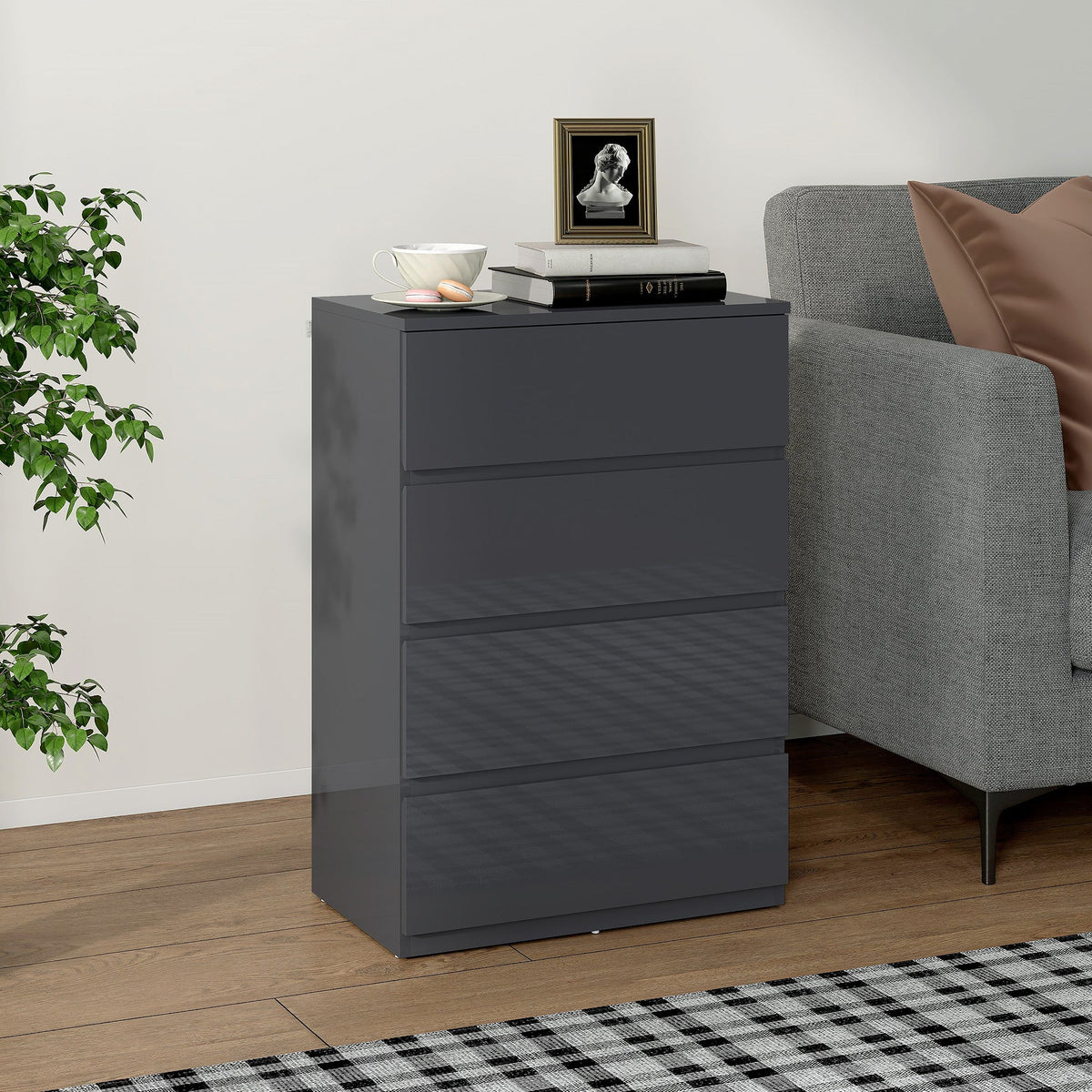 HOMCOM High Gloss Chest of Drawers, 4-Drawer Storage Cabinets, Modern Dresser for Bedroom, Grey