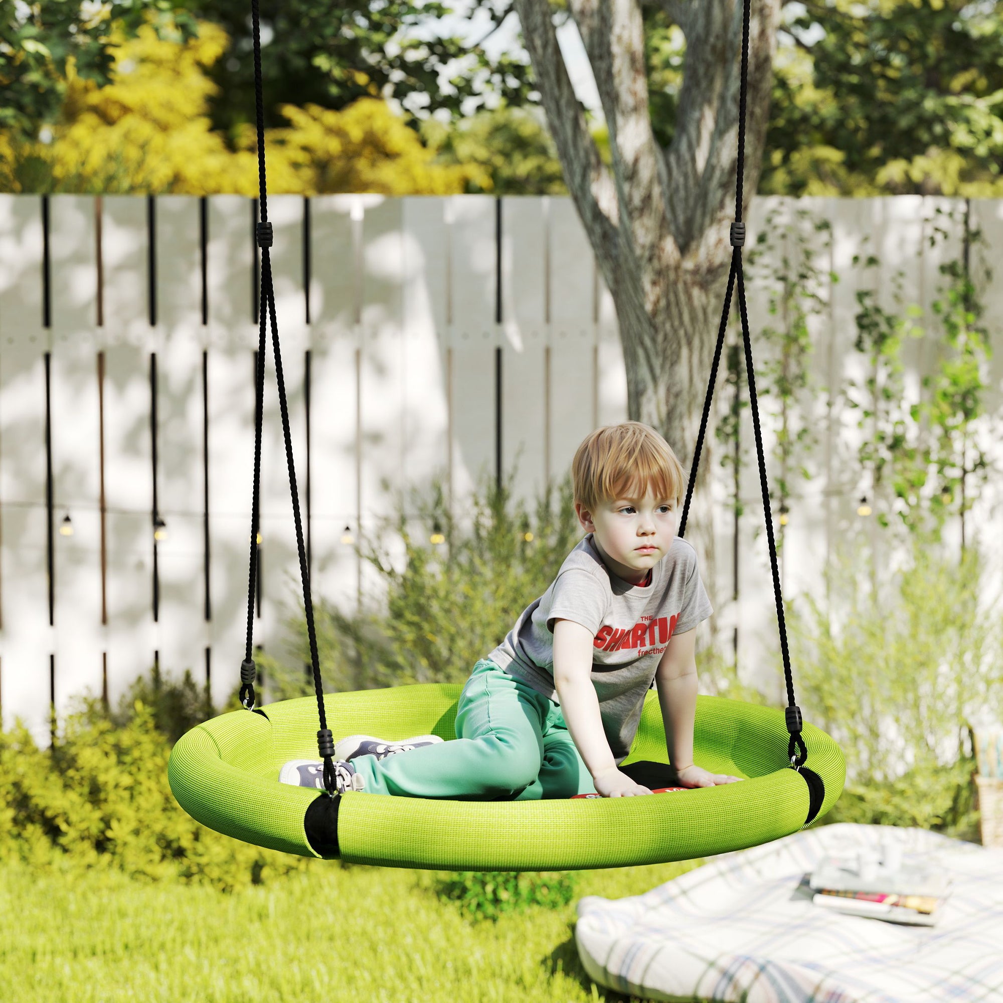 AIYAPLAY 100cm Diameter Nest Seat for Kids with Height Adjustable Hanging Ropes for Outdoor, Playground, Garden, Green