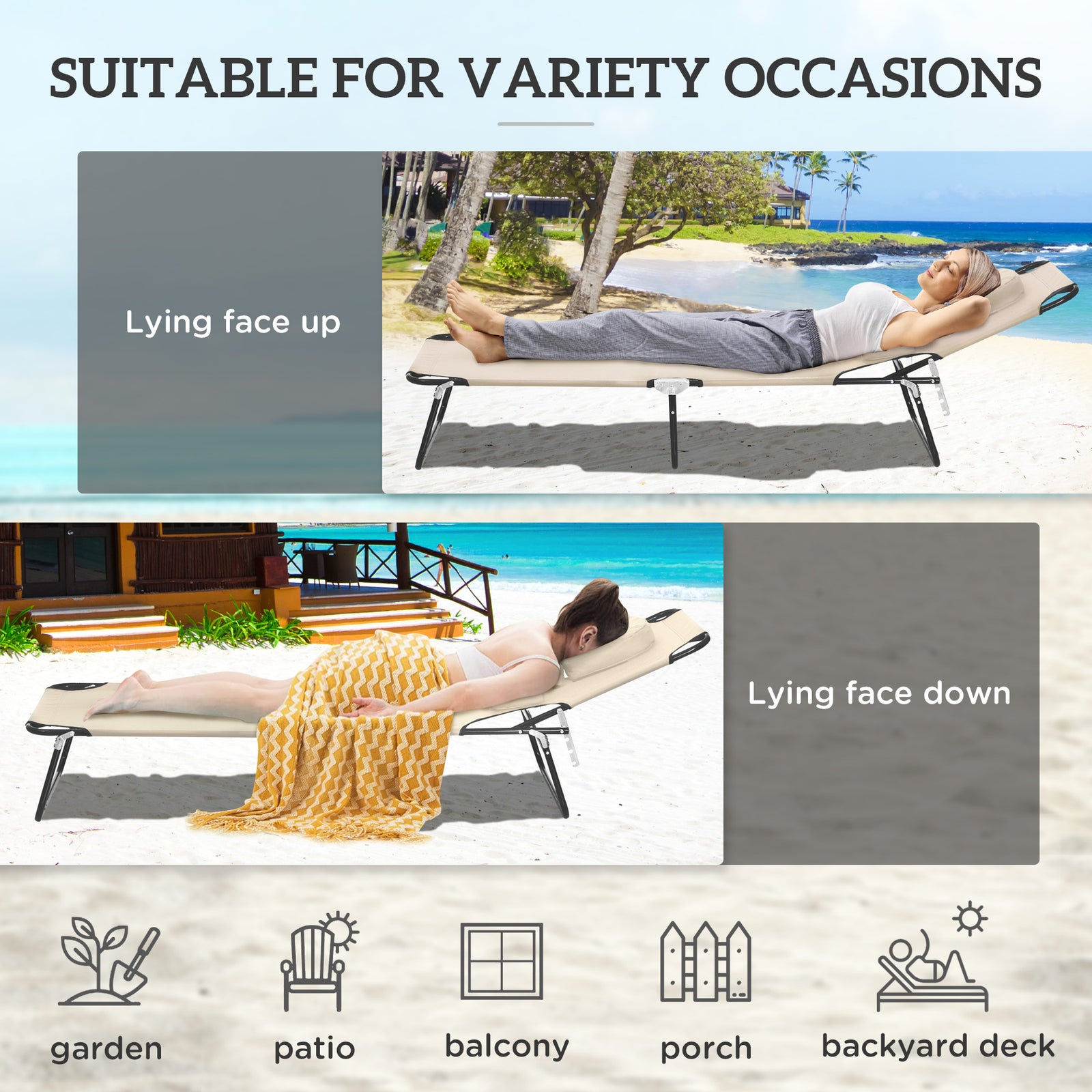 Outsunny Folding Sun Lounger with Face Hole, 4-Position Adjustable Backrest Garden Recliner Chair Sunbed, Outdoor Lounge Chair with 600 D Oxford Cloth Seat, Pillow for Beach, Beige