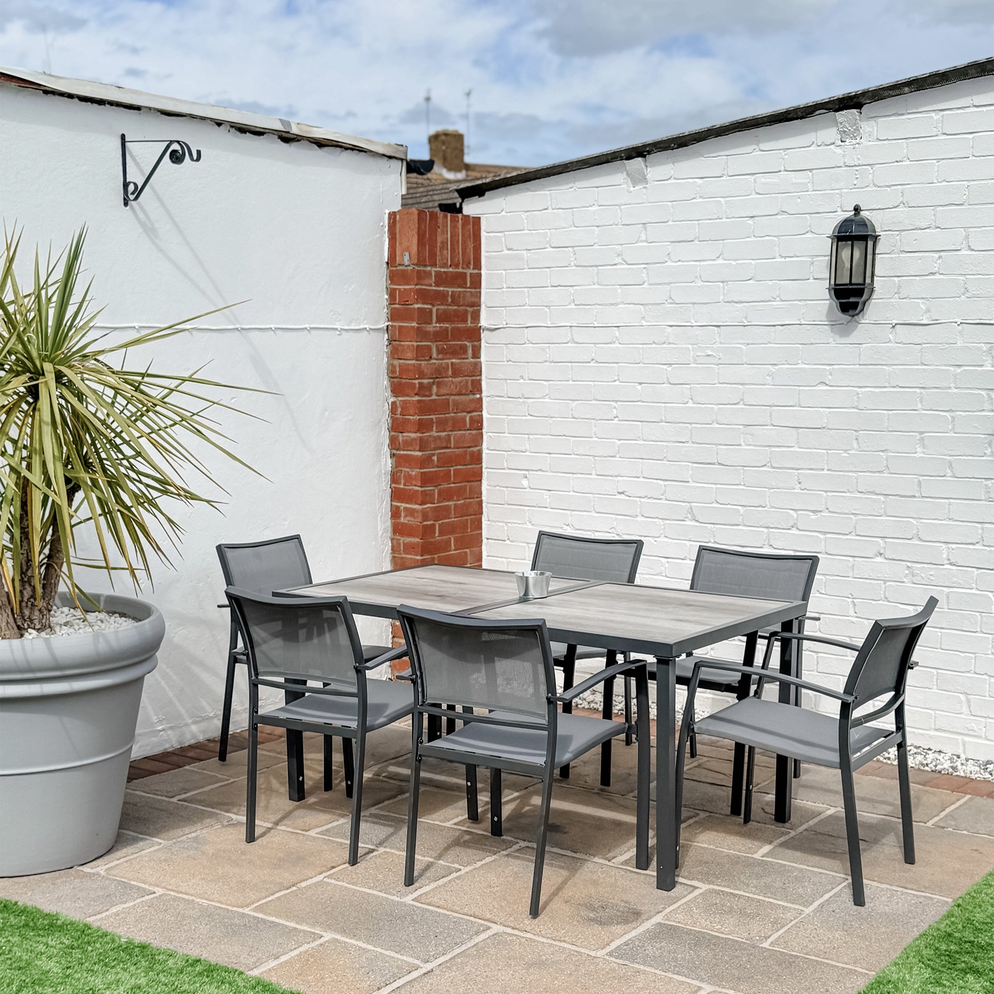 Outsunny Seven-Piece Casual Outdoor Dining Set, with Wood-Effect Table - Grey