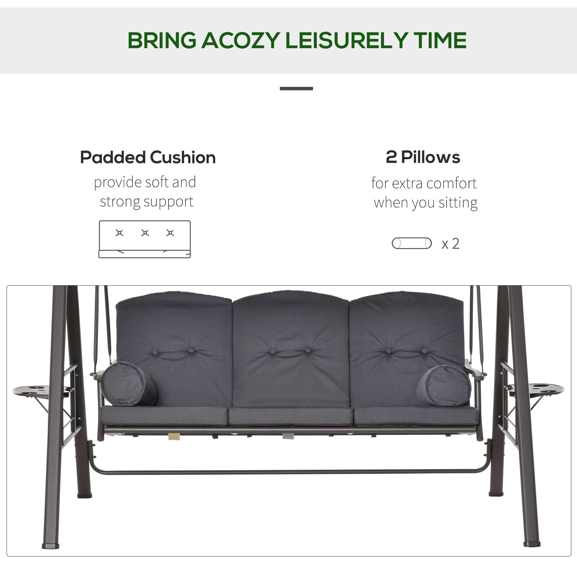 Outsunny 3 Seater Garden Swing Chair Outdoor Hammock Bench w/ Adjustable Canopy, Cushions and Cup Trays, Brown Steel Frame, Dark Grey Fabric