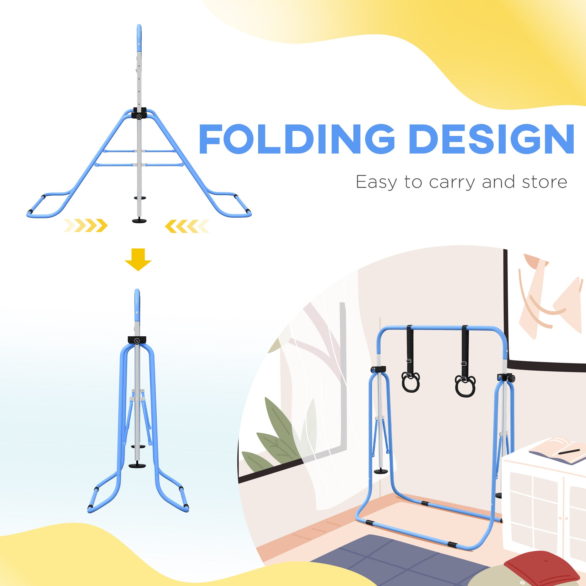 HOMCOM Adjustable Height, Foldable Kids Gymnastics Bar w/ Non-slip Rubber Floor Rings, for 3+ Years, Green