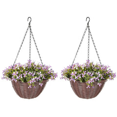 HOMCOM Artificial Flowers in Basket Set of 2, Artificial Hanging Baskets with 75 Leaves and 15 Flowers in Pot, Decorative Plant for Home Office Decor, Purple
