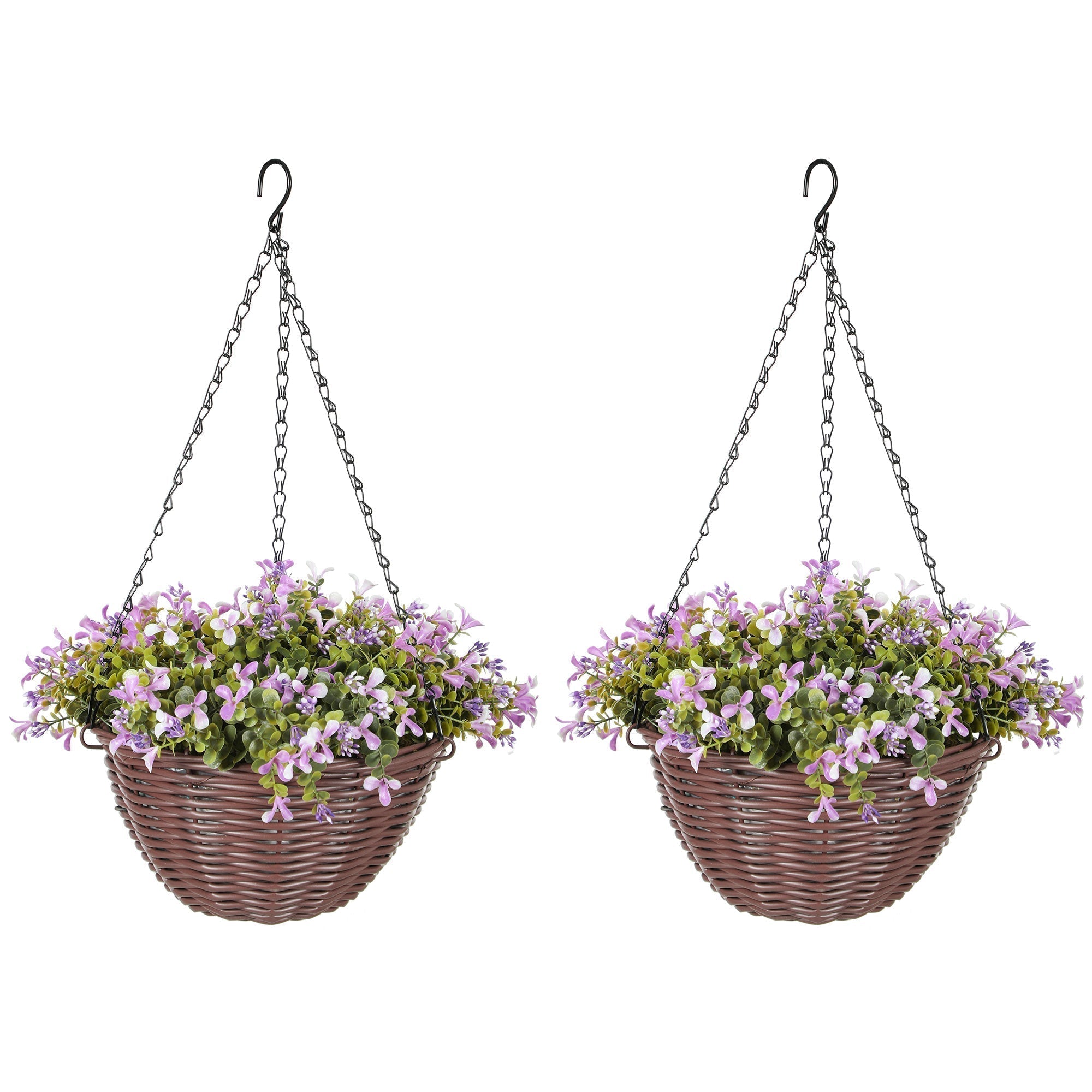 HOMCOM Artificial Flowers in Basket Set of 2, Artificial Hanging Baskets with 75 Leaves and 15 Flowers in Pot, Decorative Plant for Home Office Decor, Purple