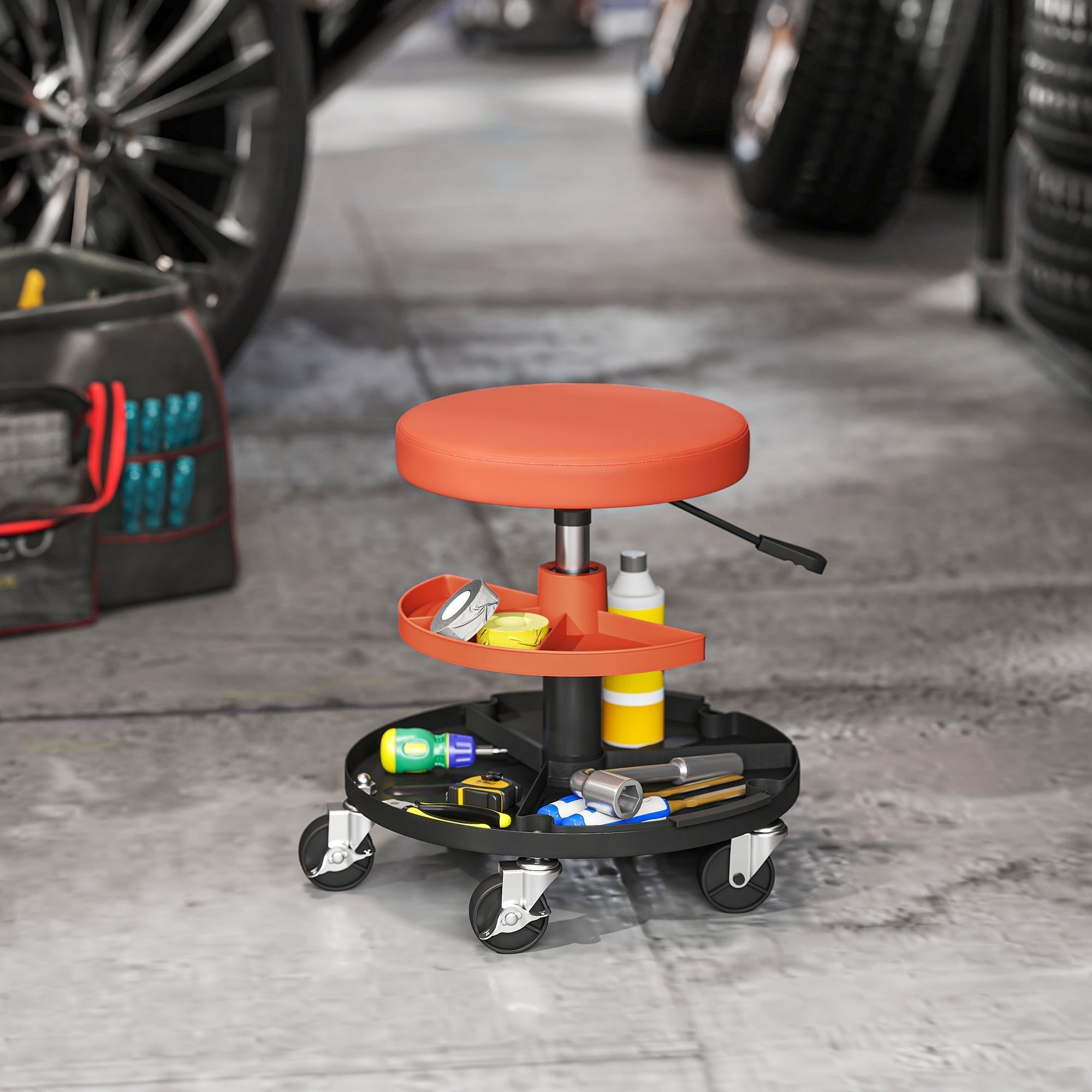 HOMCOM Rolling Mechanic Stool, 135kg Capacity Workshop Stool, 360 Swivel Roller Padded Creeper Seat with Wheels, Tool Trays Storage for Garage, Shop, Auto Repair, Yellow