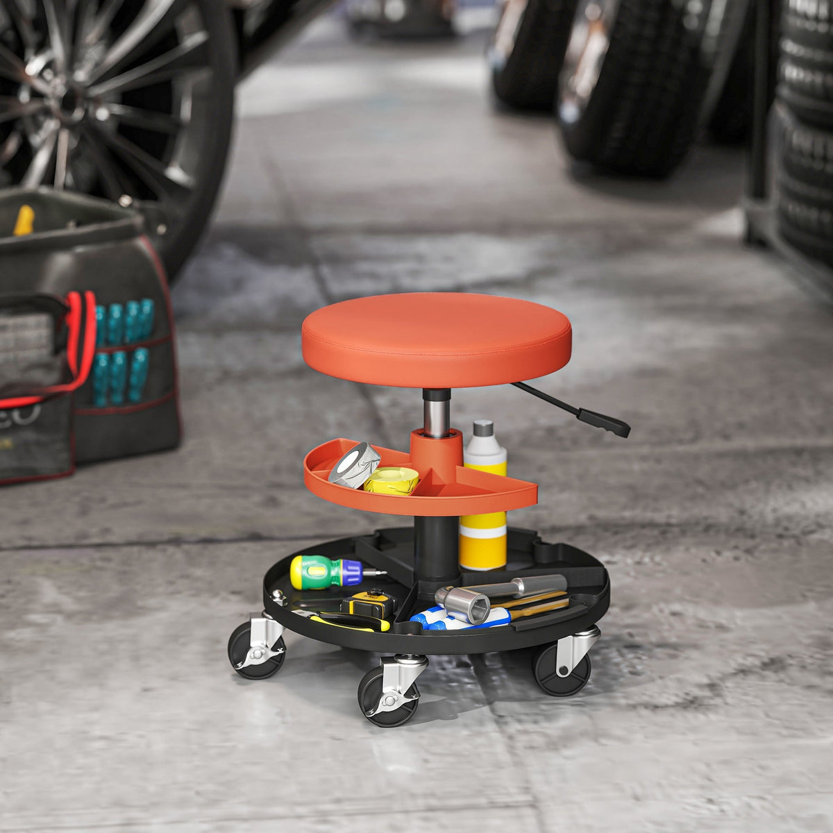 HOMCOM Rolling Mechanic Stool, 135kg Capacity Workshop Stool, 360 Swivel Roller Padded Creeper Seat with Wheels, Tool Trays Storage for Garage, Shop, Auto Repair, Yellow