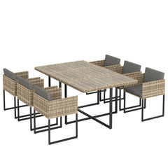 Outsunny 7 Piece Rattan Garden Furniture Set, Garden Dining Set with Wood-Plastic Table and 6 Stackable Chairs, Light Brown