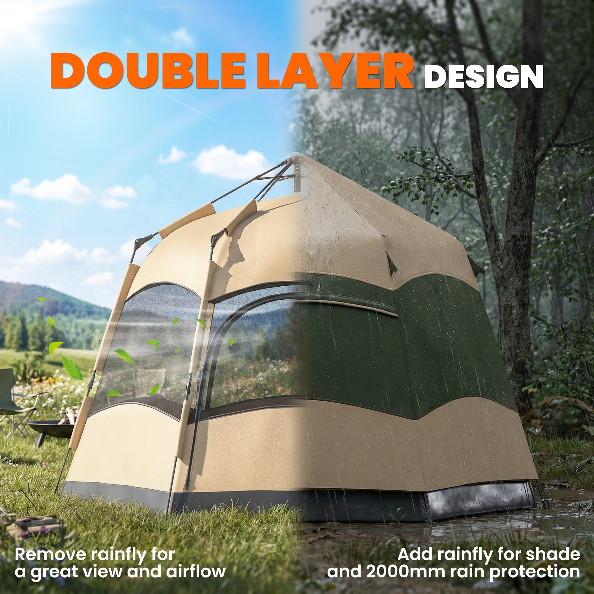 Outsunny Double Layer Instant Pop Up Tent with Rainfly, Portable Camping Shelter with Sewn-in Groundsheet and Carry Bag, Khaki