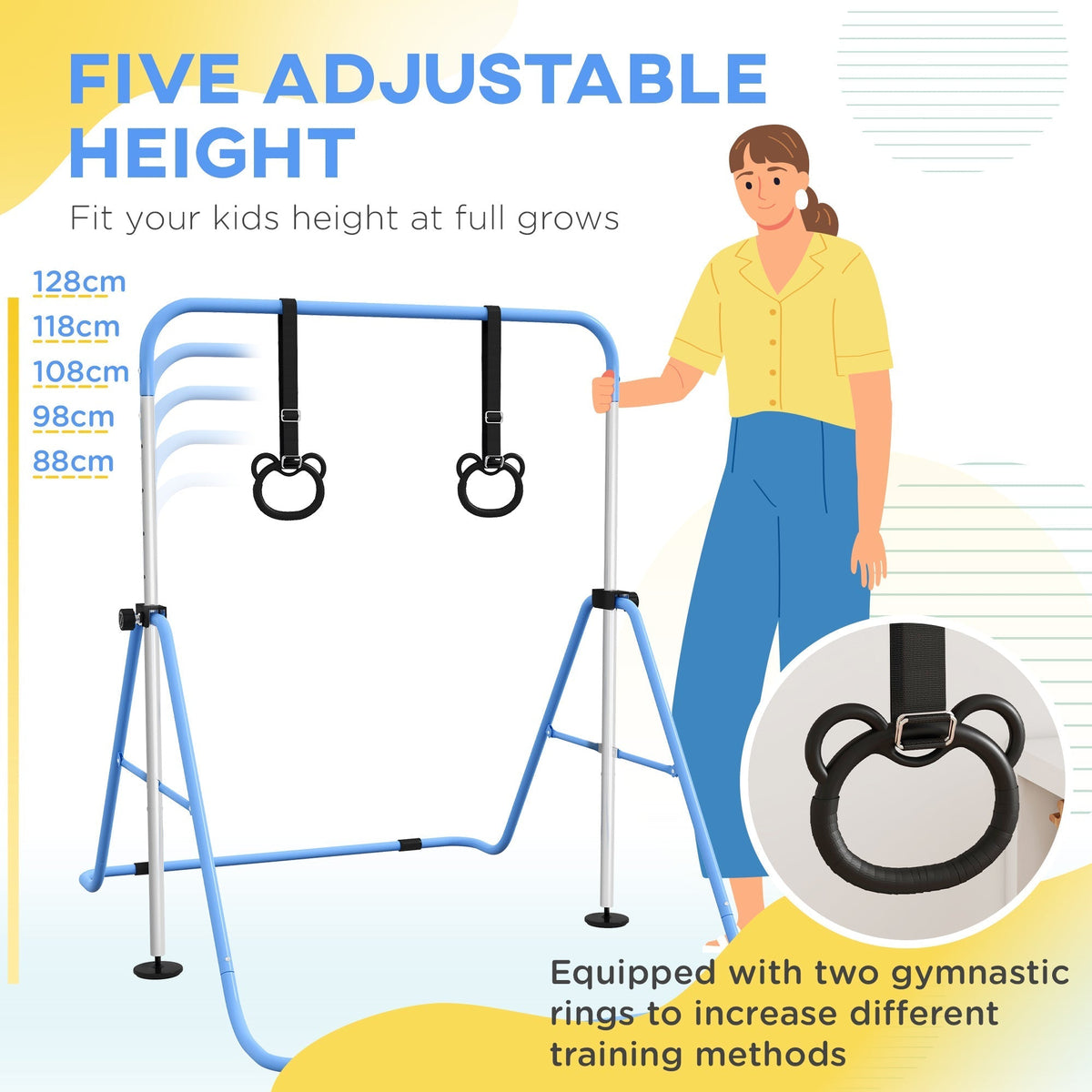 HOMCOM Adjustable Height, Foldable Kids Gymnastics Bar w/ Non-slip Rubber Floor Rings, for 3+ Years, Blue