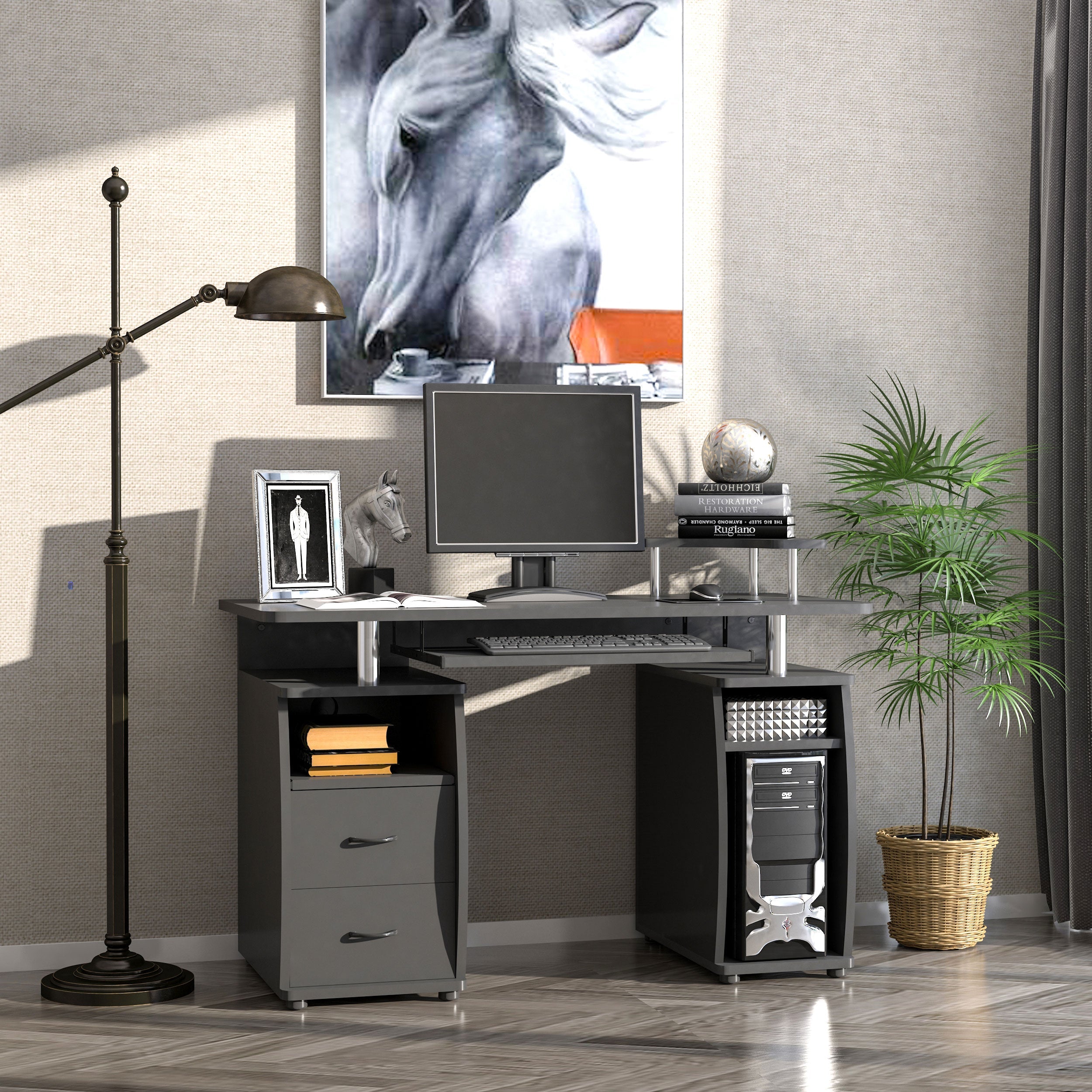 HOMCOM Study Desk Writing Table for Home Office, Student Workstation with Drawers, Sliding Shelf and Storage, Black