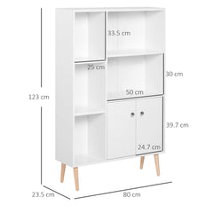 HOMCOM Sideboard Storage Cabinet Cupboard, Open Bookcase with 2 Doors 5 Compartments Wooden Modern Style for Living Room Bedroom Kitchen 80 x 23 x 123 cm, White