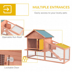 PawHut 2 Tier Rabbit Hutch Outdoor Water Resistant Asphalt Roof Ramp Sliding Tray 144 x 64.5 x 100 cm - Natural wood