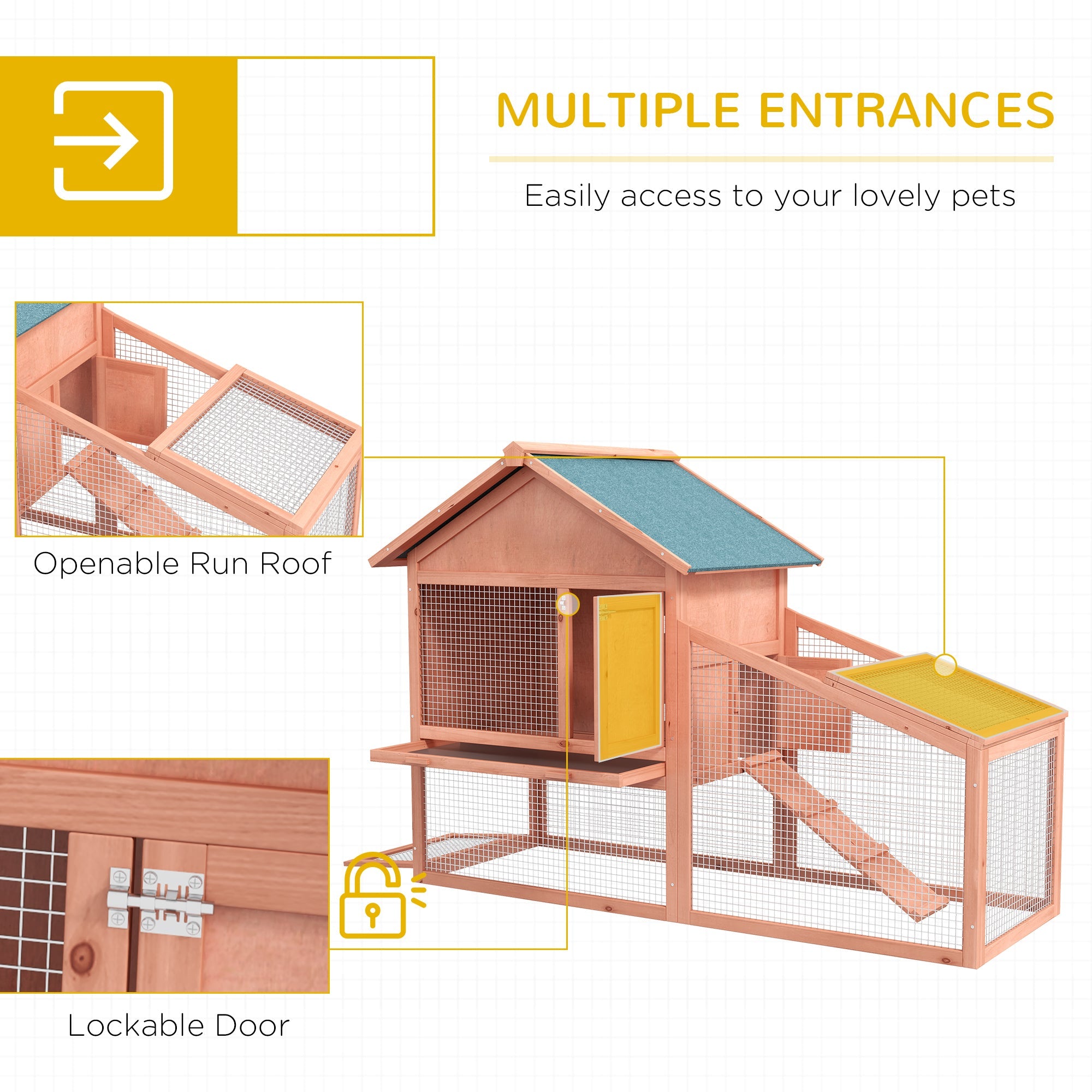 PawHut 2 Tier Rabbit Hutch Outdoor Water Resistant Asphalt Roof Ramp Sliding Tray 144 x 64.5 x 100 cm - Natural wood