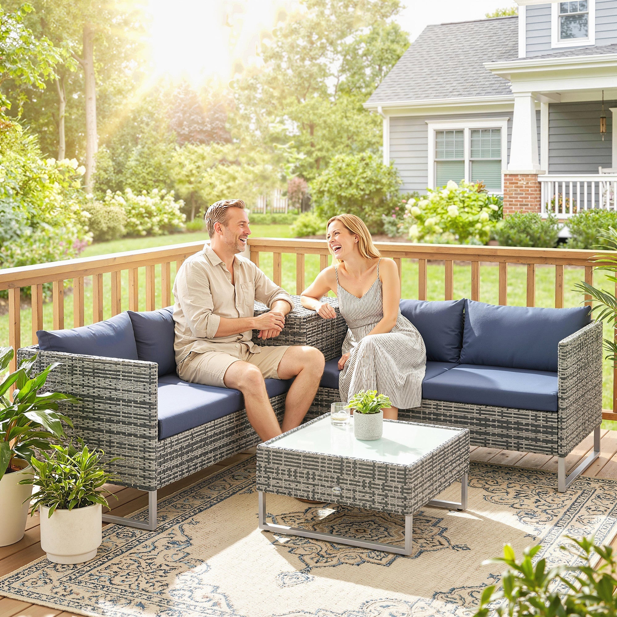 Outsunny 4 Piece Rattan Garden Furniture Set, Outdoor Corner Sofa Set with Storage Table, Loveseats, Cushions - Dark Blue