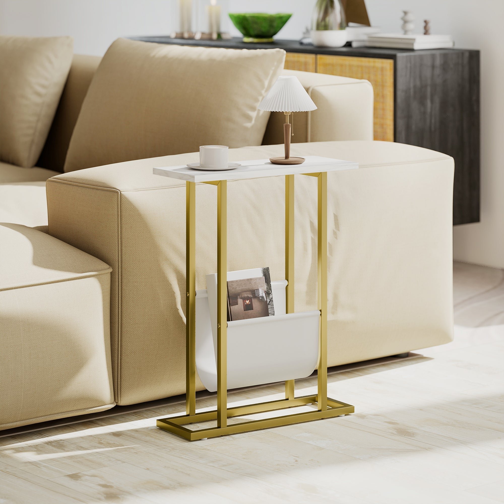 HOMCOM Narrow Side Table, End Table with Magazine Holder, Nightstand for Small Spaces, Living Room, Bedroom, White Marble Grain