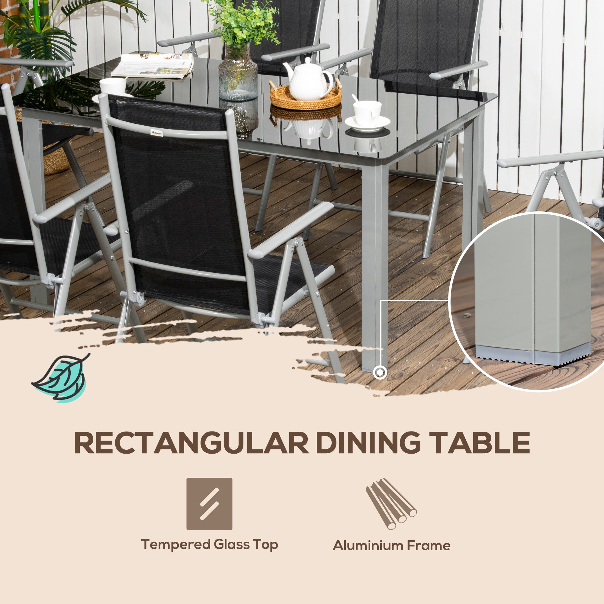 Outsunny 7 Piece Garden Dining Set, Outdoor Table and 6 Folding and Reclining Chairs, Aluminium Frame, Tempered Glass Top Table, Texteline Seats, Black