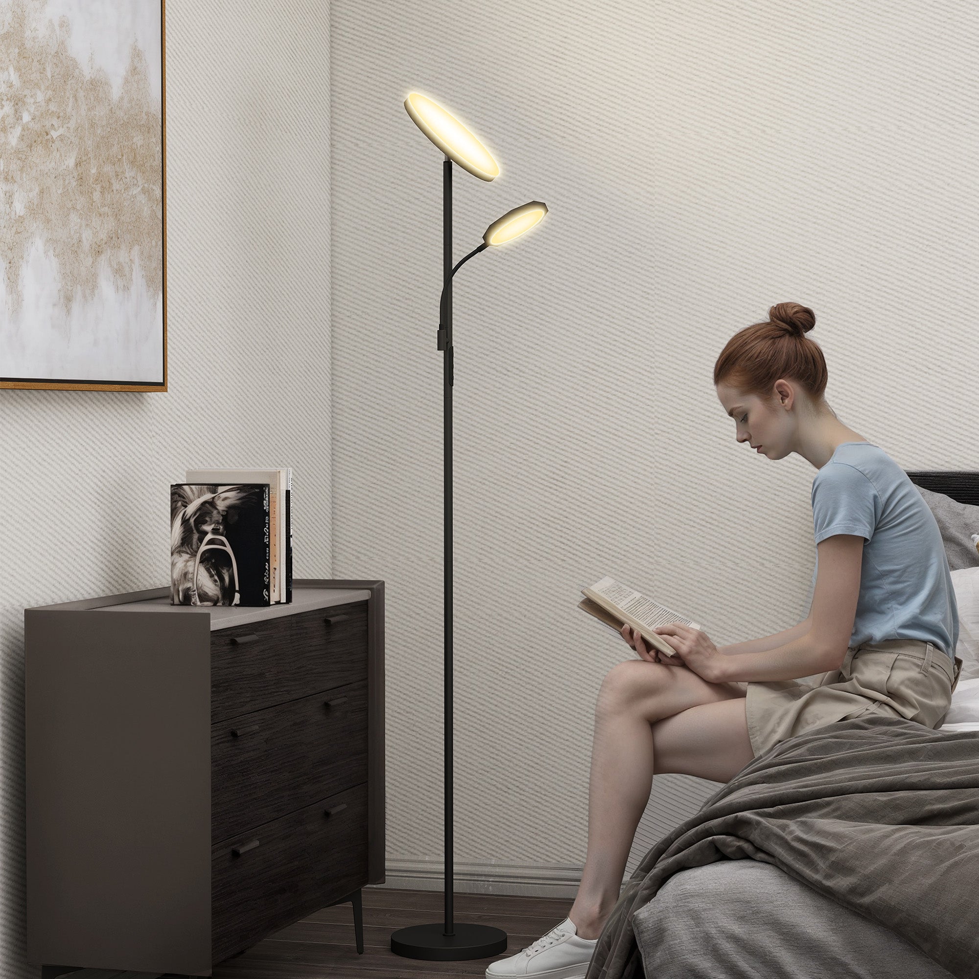 HOMCOM LED Floor Lamp for Living Room, Stepless Dimmable Standing Lamp, Mother and Child Uplighter with Reading Light, 4 Scene Modes, 2700K-6500K Colour Temps, 4 Brightness Levels, Remote Control