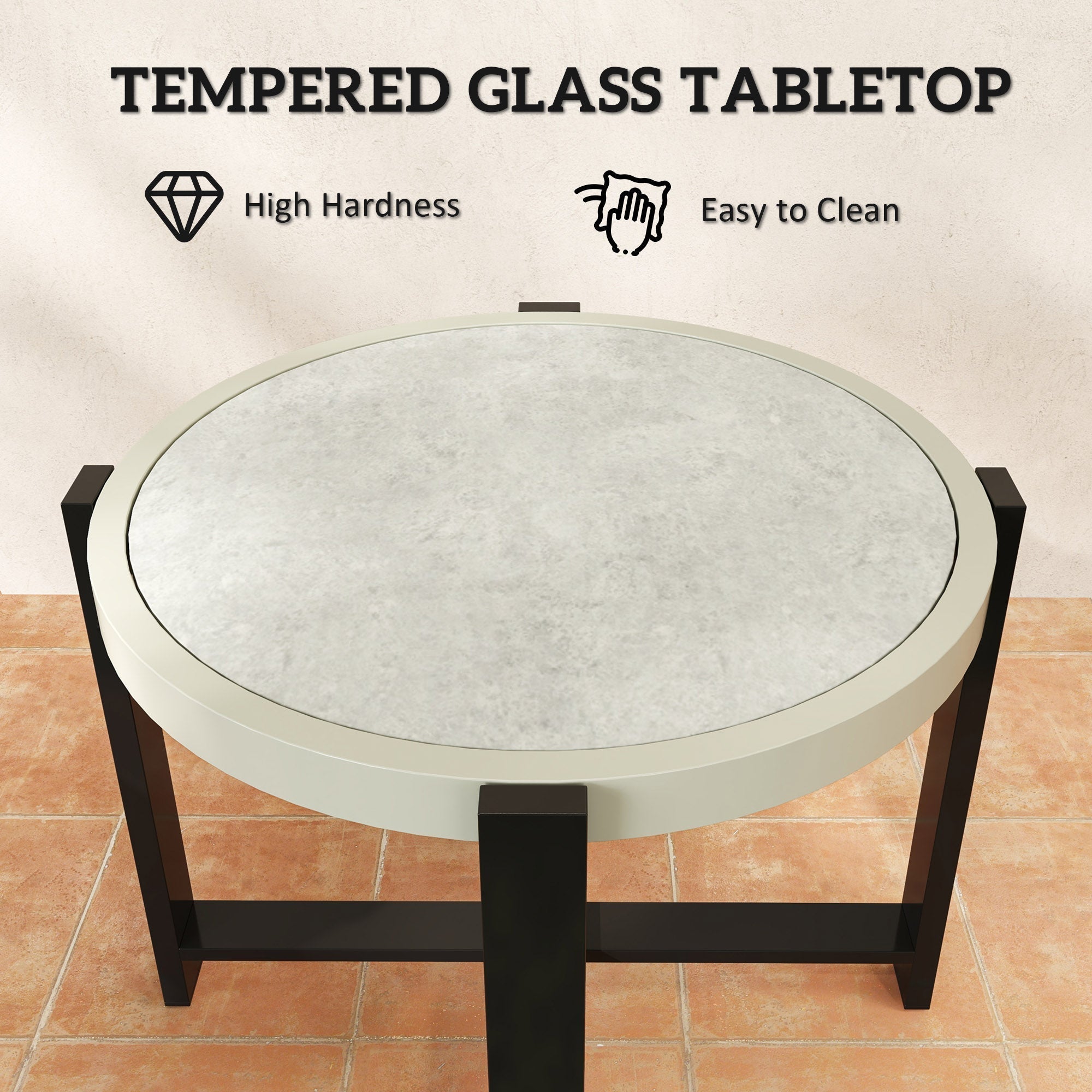 Outsunny Round Small Garden Table, 60cm Outdoor Side Table with Faux Marble Tempered Glass Top, Aluminium Frame for Garden, Patio, Balcony, Light Grey